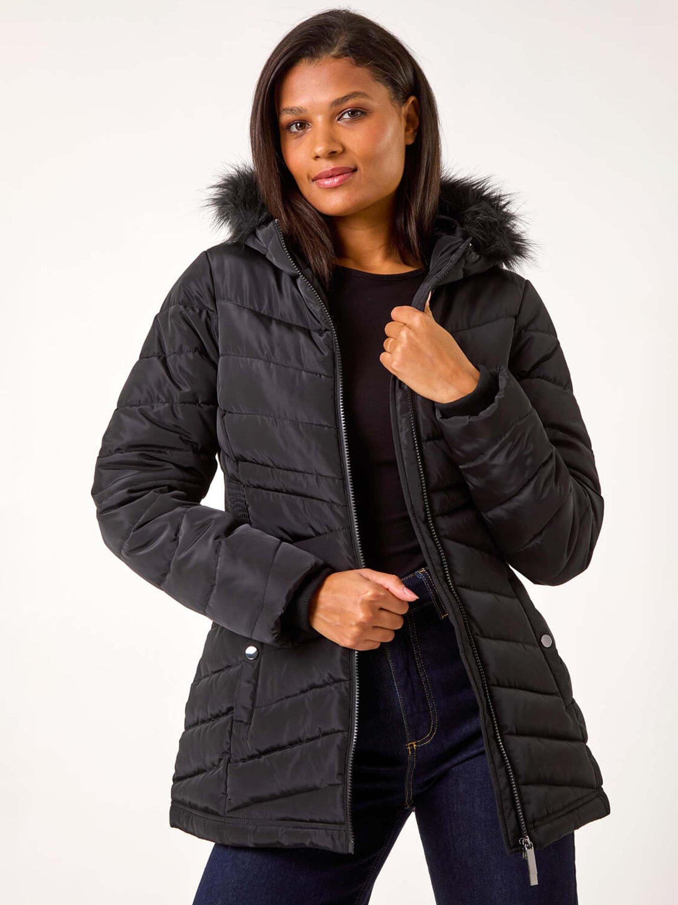 Roman Faux Fur Hooded Quilt Coat - Black