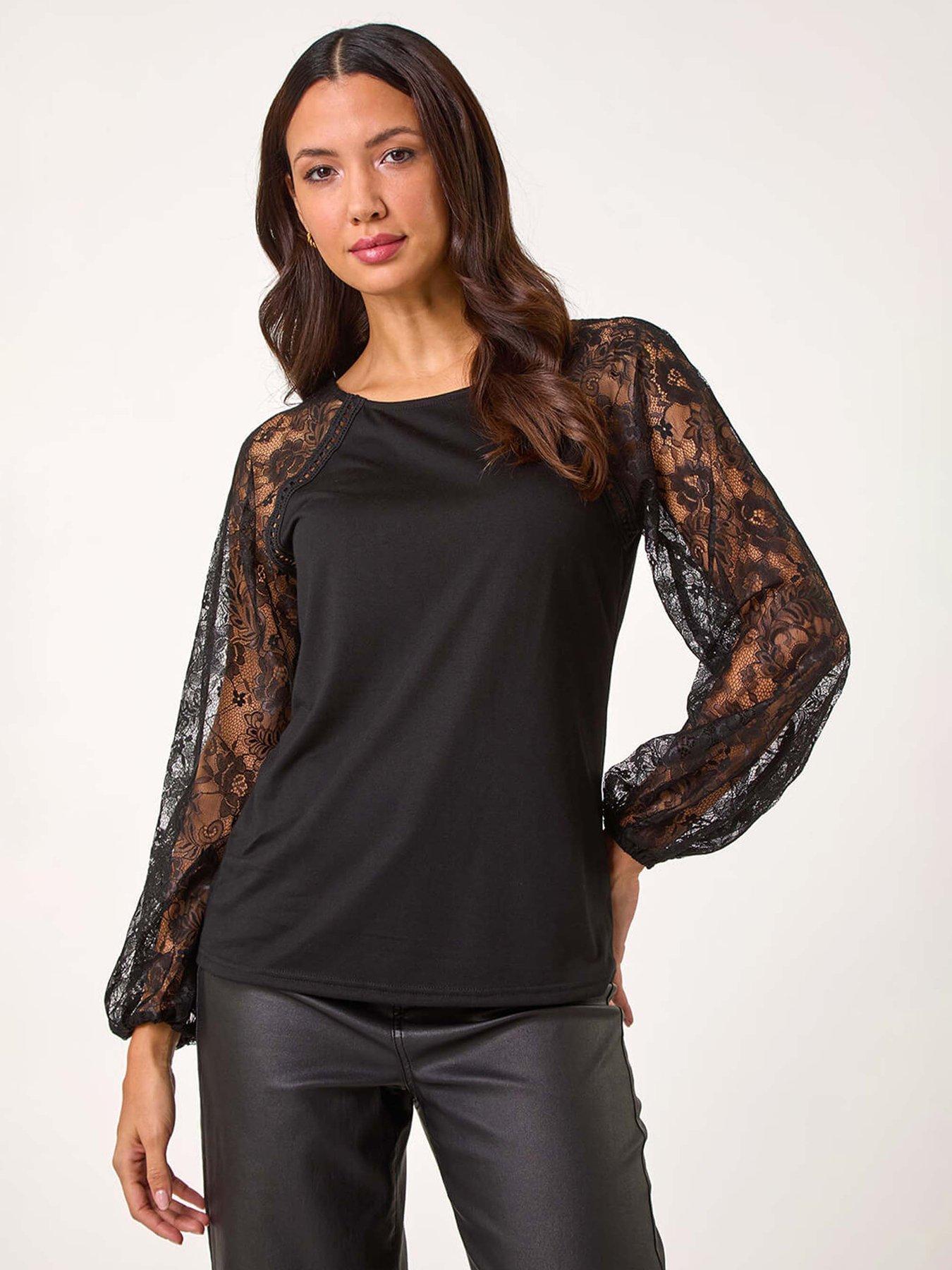 roman-lace-sleeve-stretch-tunic-top-blackfront