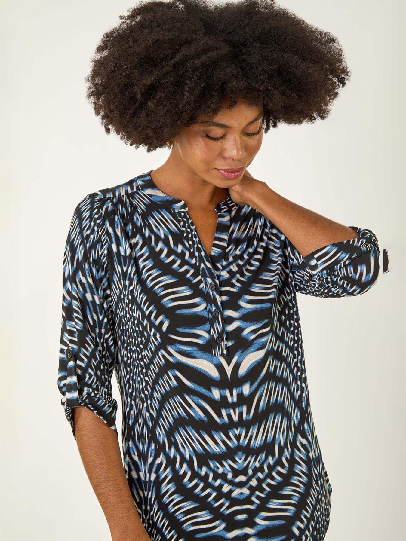 roman-abstract-puff-print-stretch-top-blueoutfit