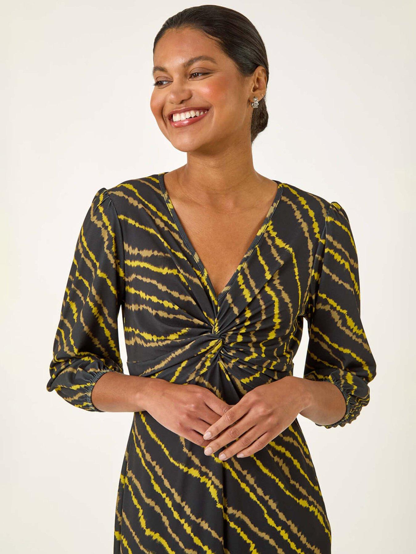roman-abstract-twist-front-midi-dress-yellowoutfit