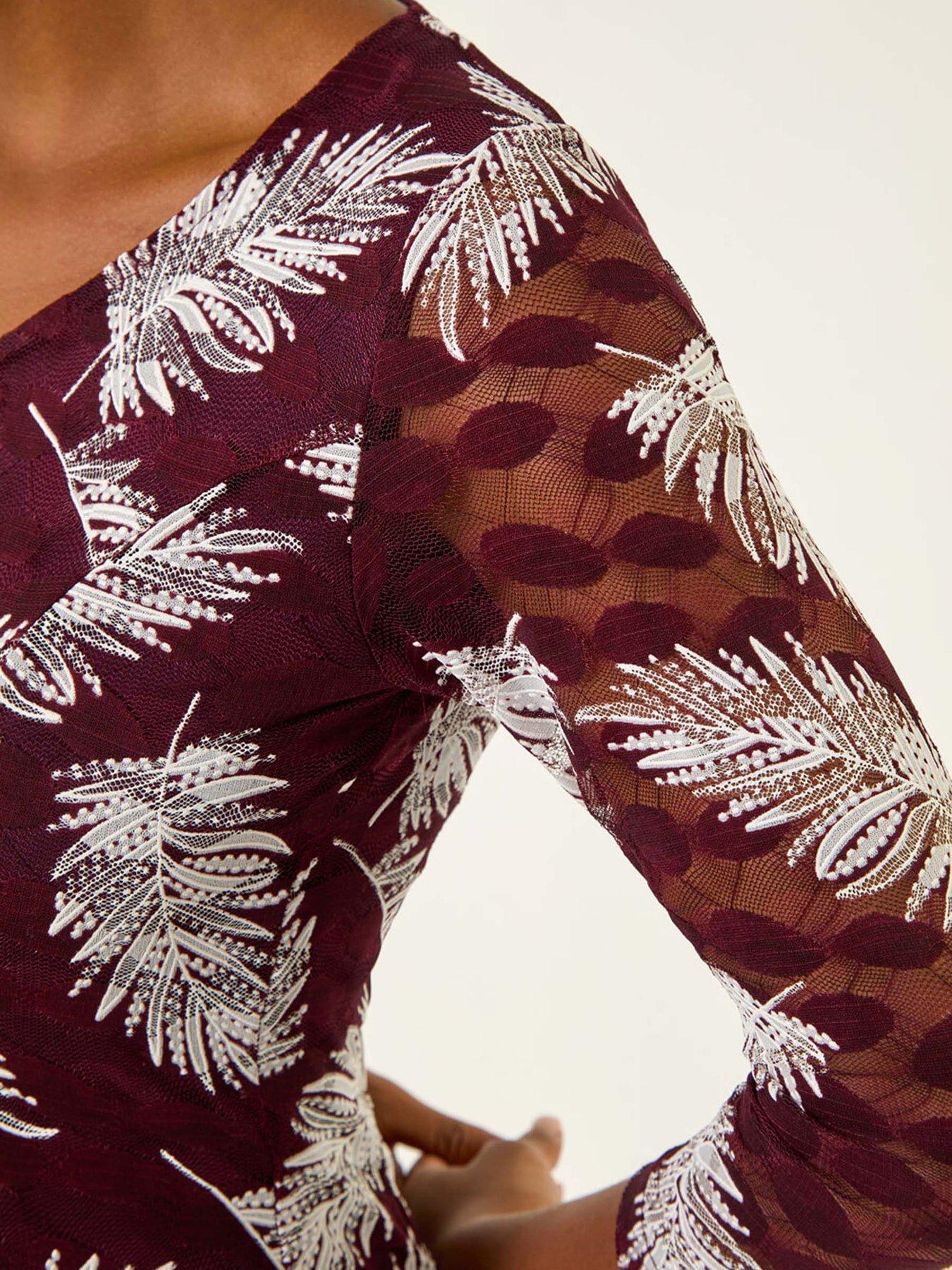 Image 5 of 5 of Roman Leaf Print Lace Stretch Dress - Wine