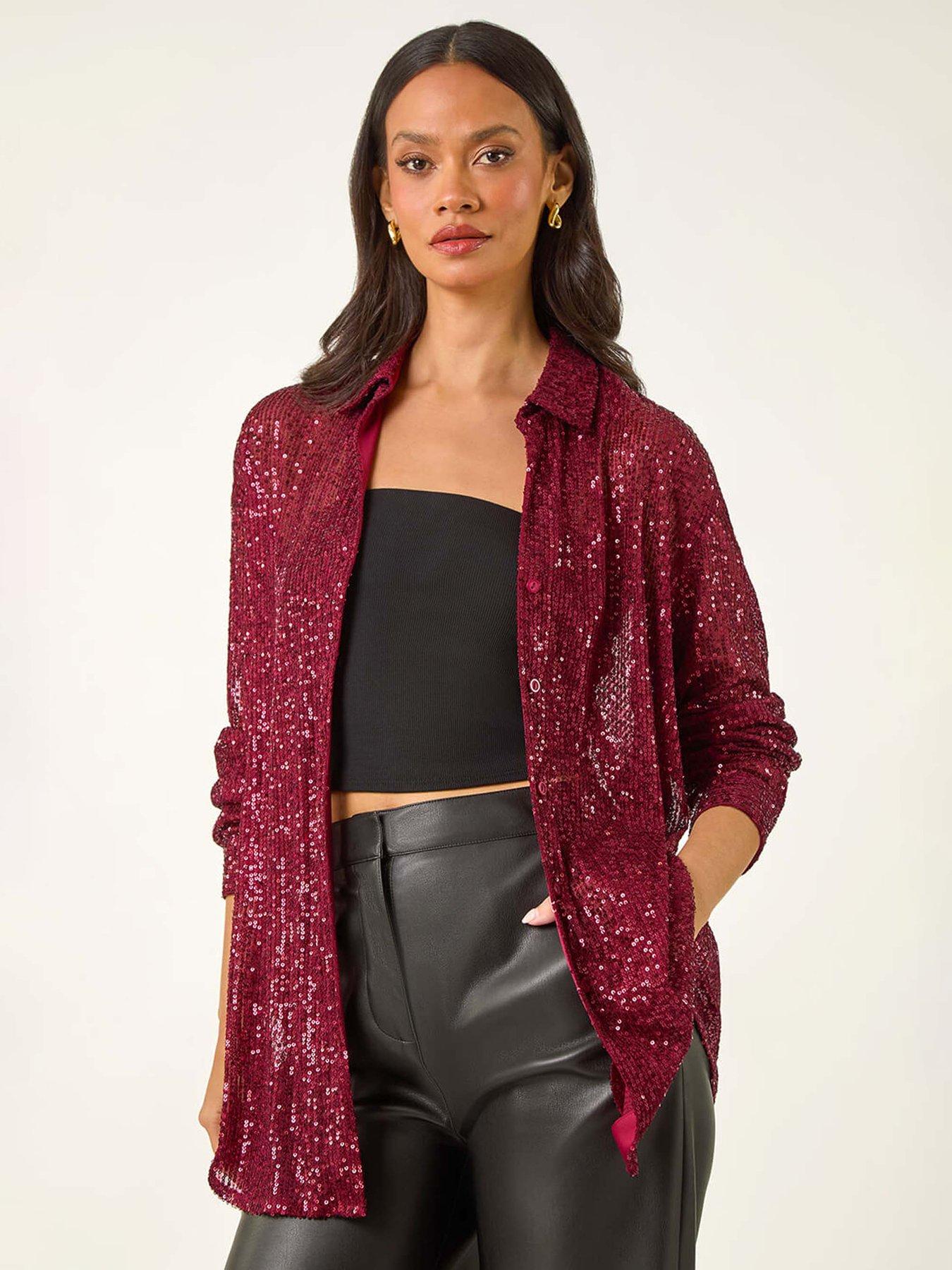 roman-sequin-button-through-stretch-blouse-burgundy