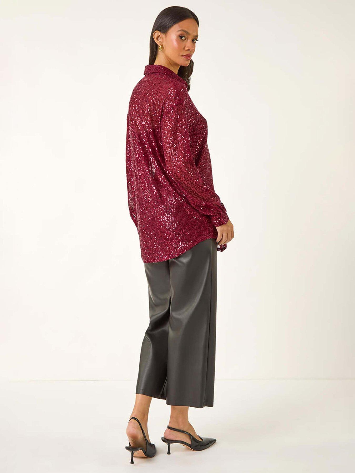 roman-sequin-button-through-stretch-blouse-burgundystillFront