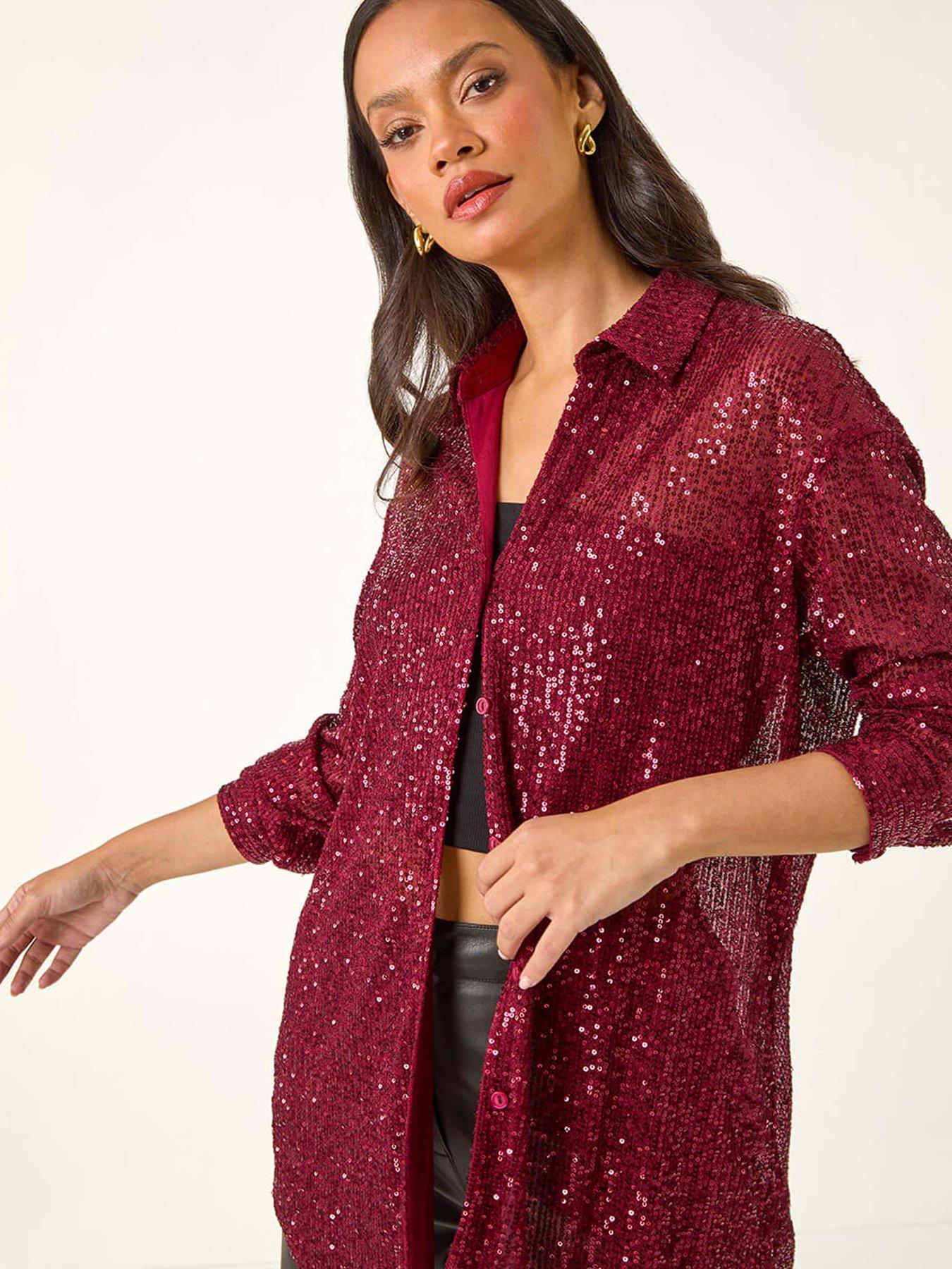 roman-sequin-button-through-stretch-blouse-burgundyoutfit