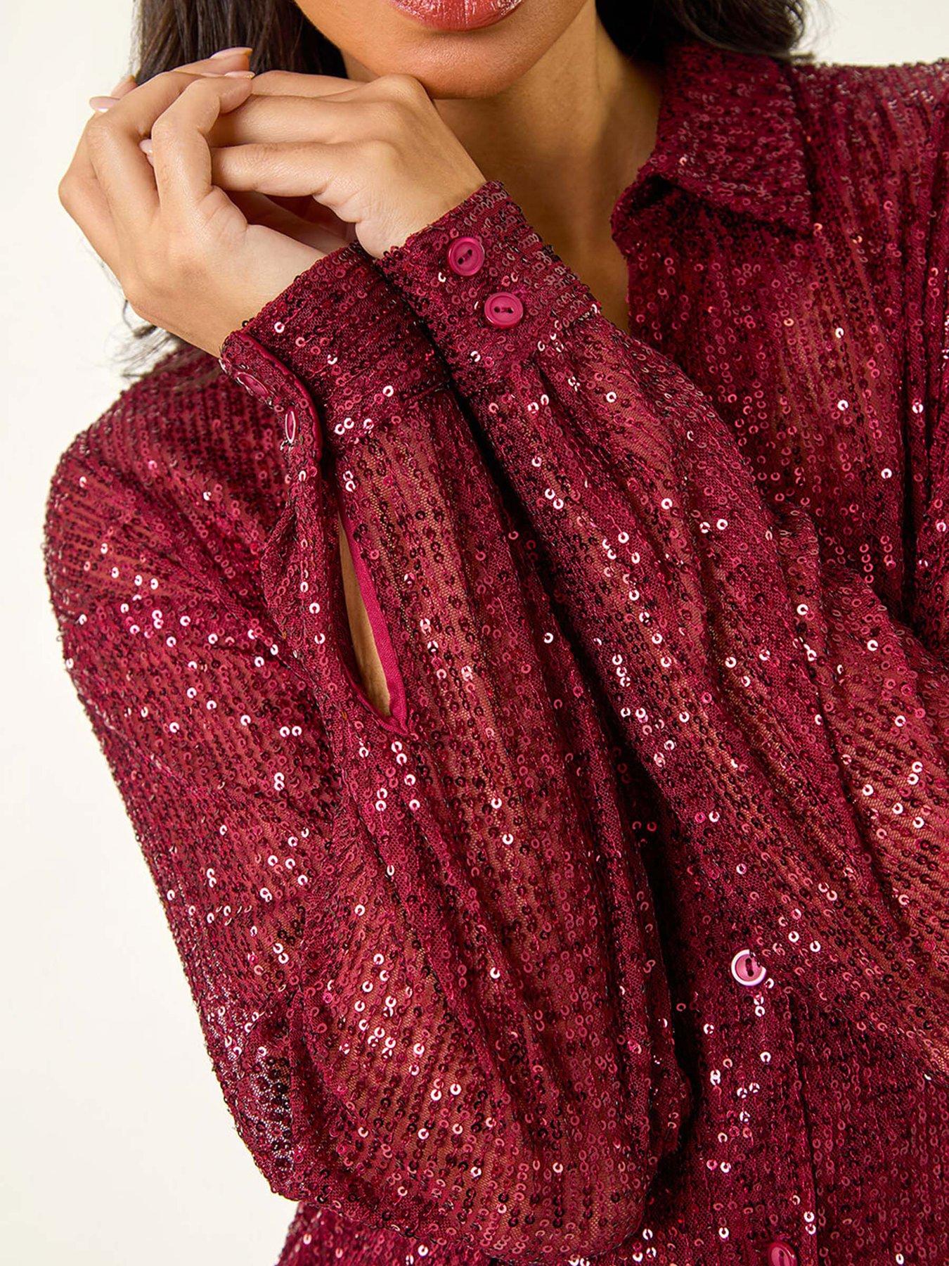 roman-sequin-button-through-stretch-blouse-burgundydetail