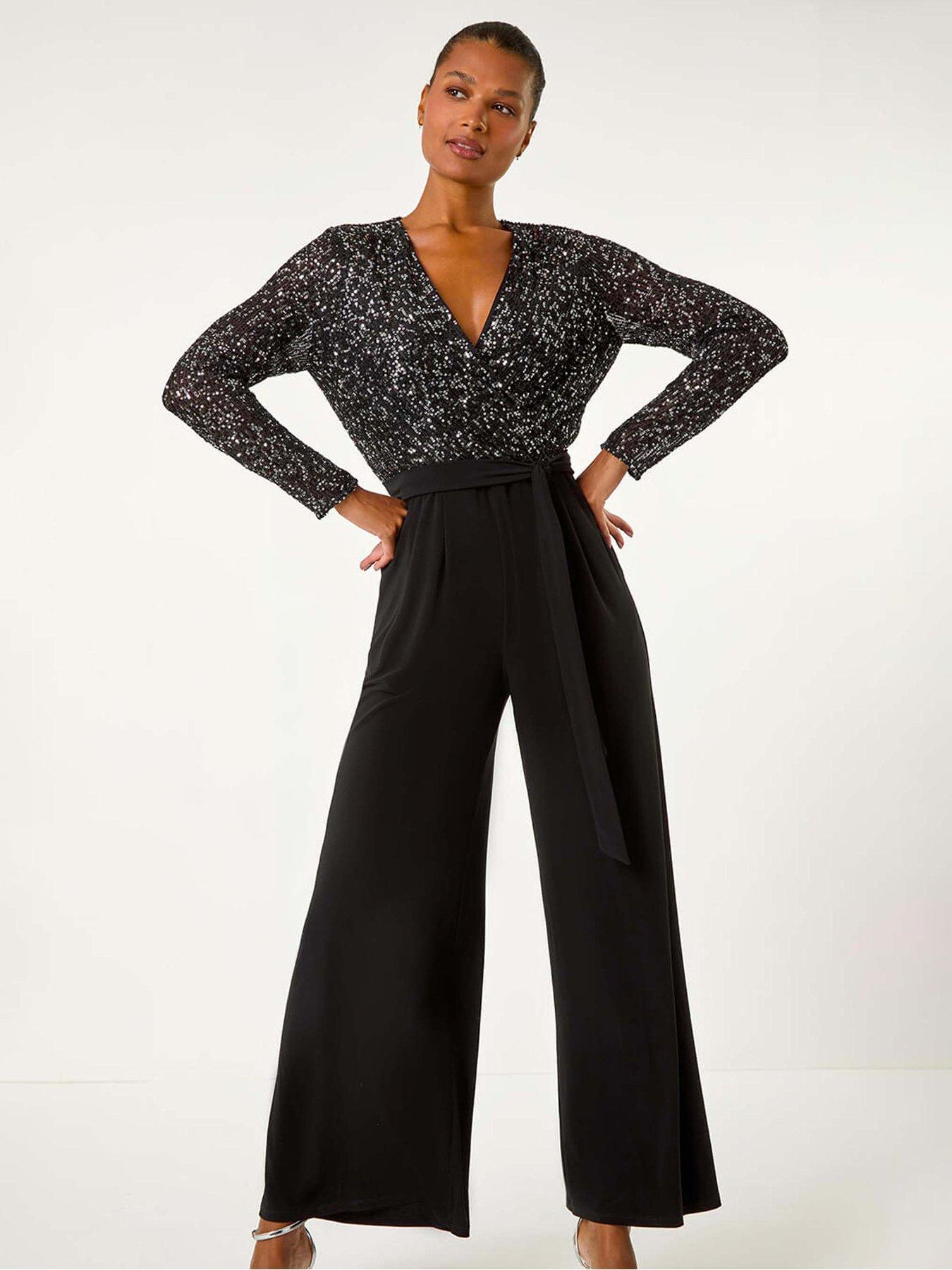Image 1 of 5 of Roman Sequin Wrap V-neck Stretch Jumpsuit - Black