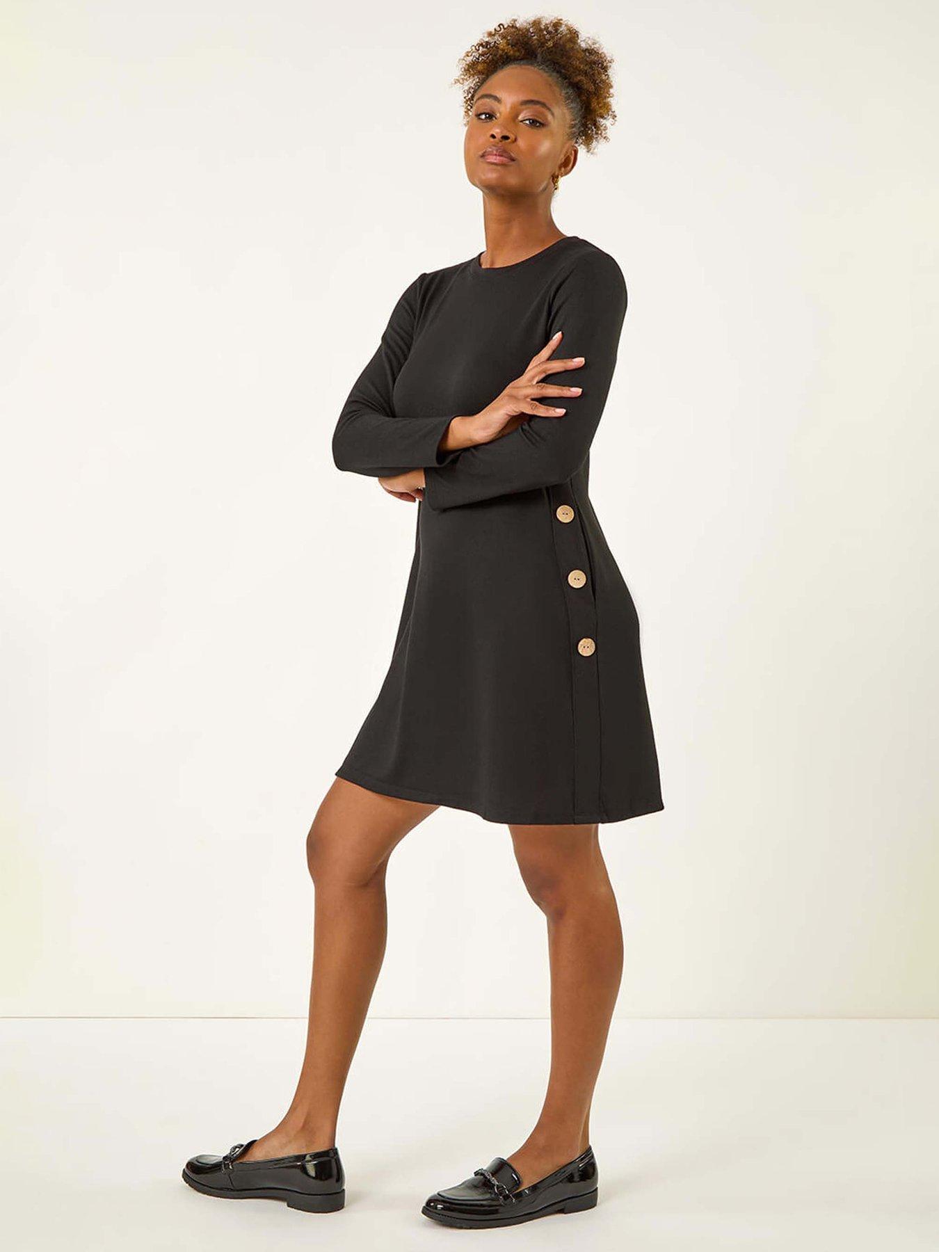 Image 1 of 5 of Roman Side Button Detail Swing Dress - Black