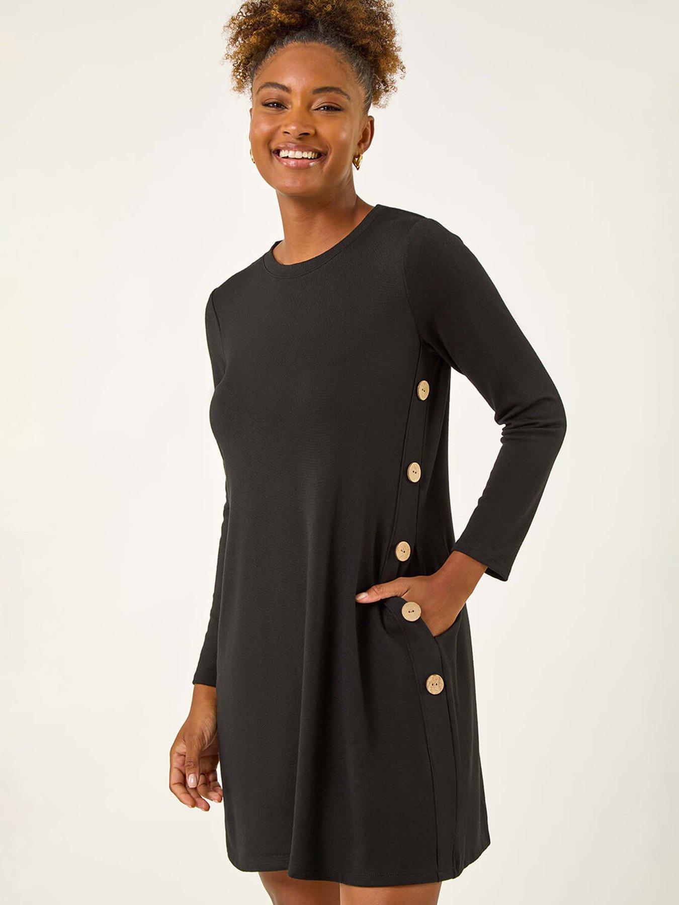 Image 3 of 5 of Roman Side Button Detail Swing Dress - Black