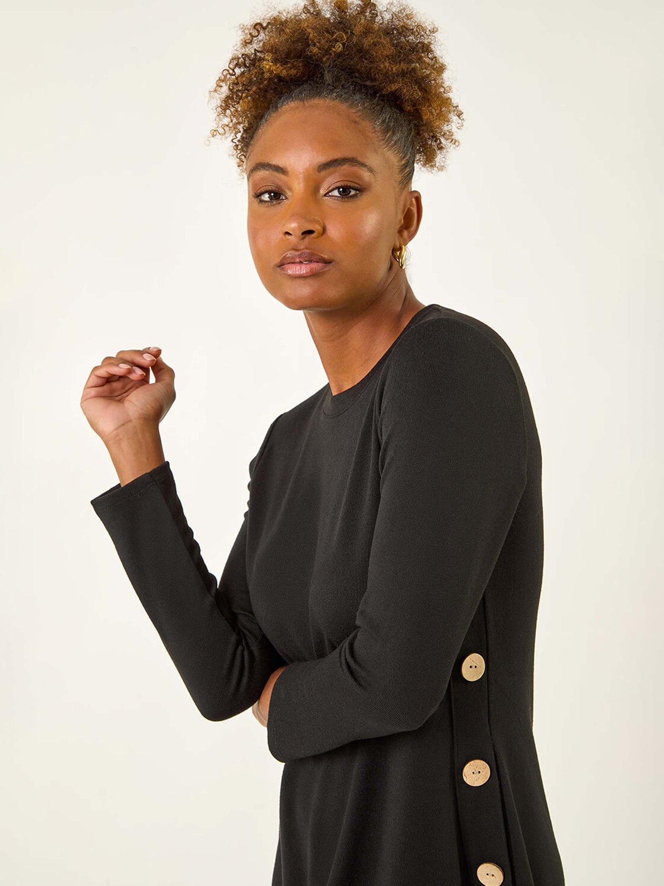 Image 4 of 5 of Roman Side Button Detail Swing Dress - Black