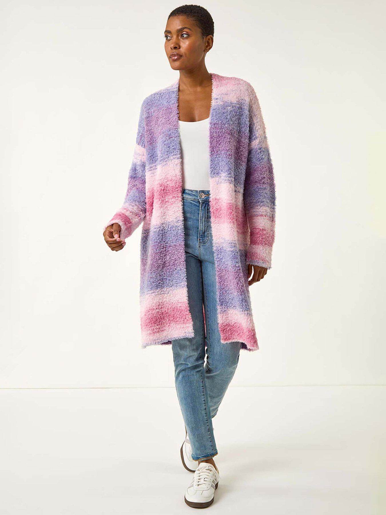 Roman Fluffy Stripe Longline Cardigan - Pink