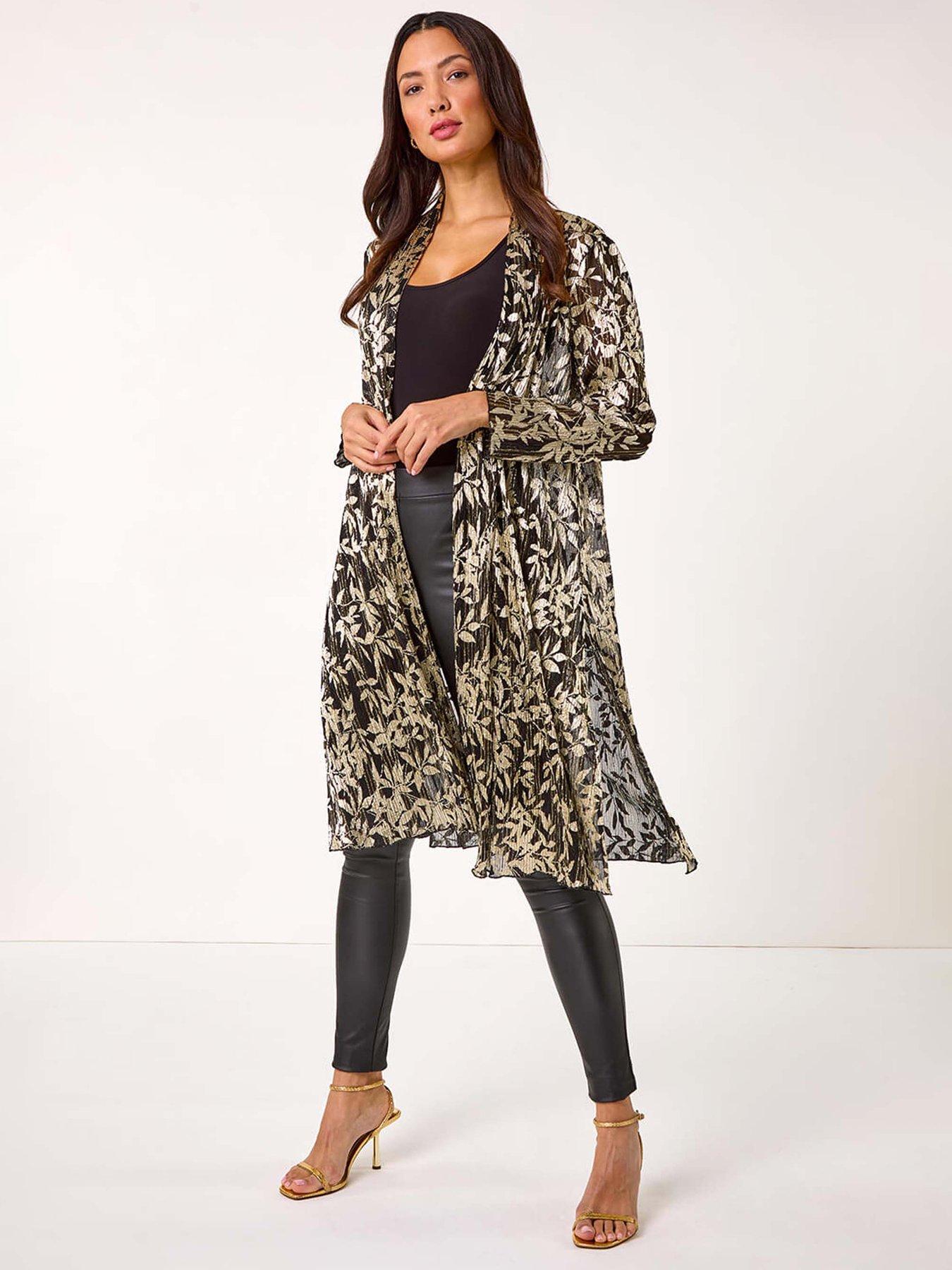 Image 1 of 5 of Roman Foil Leaf Print Plisse Kimono - Gold