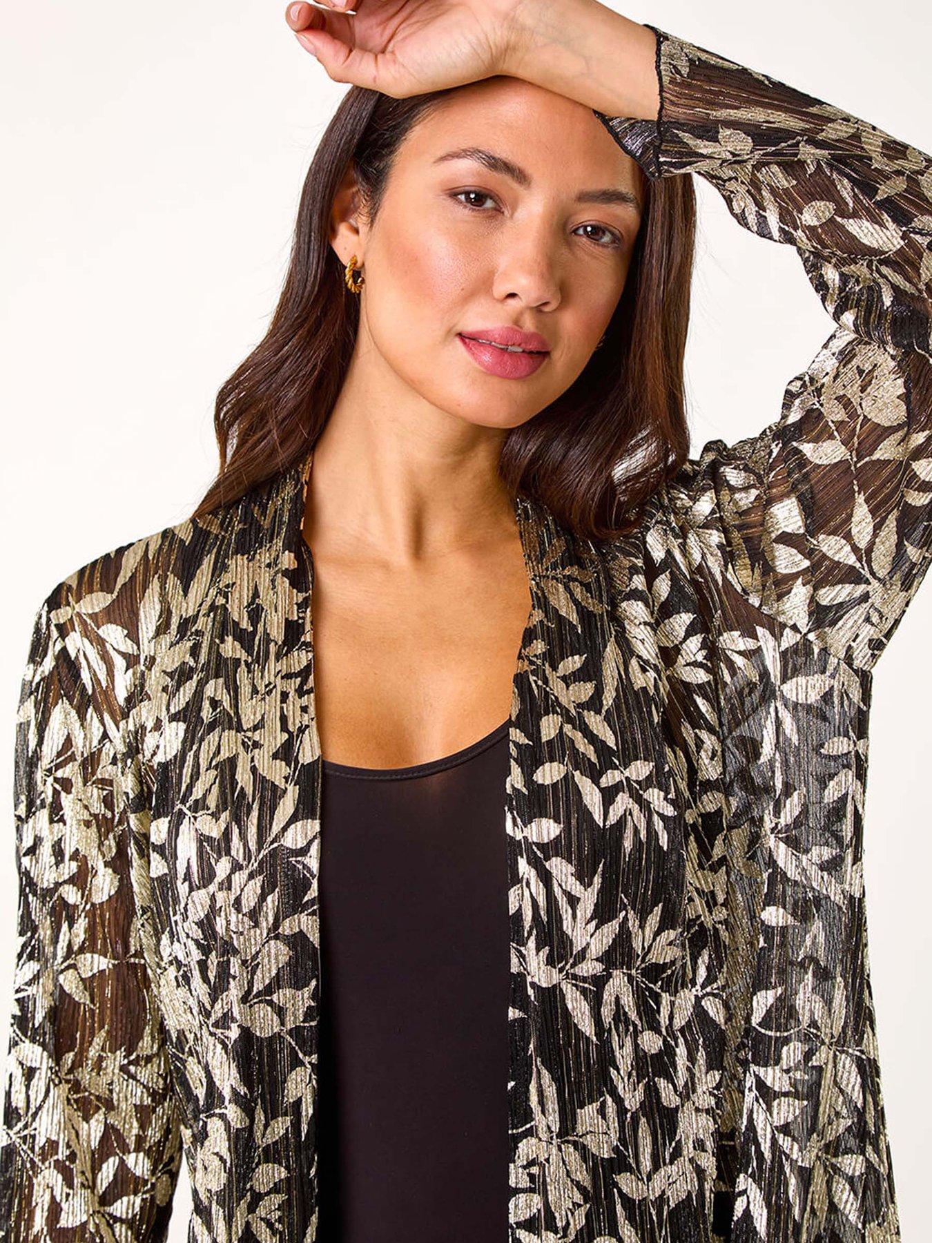 Image 4 of 5 of Roman Foil Leaf Print Plisse Kimono - Gold