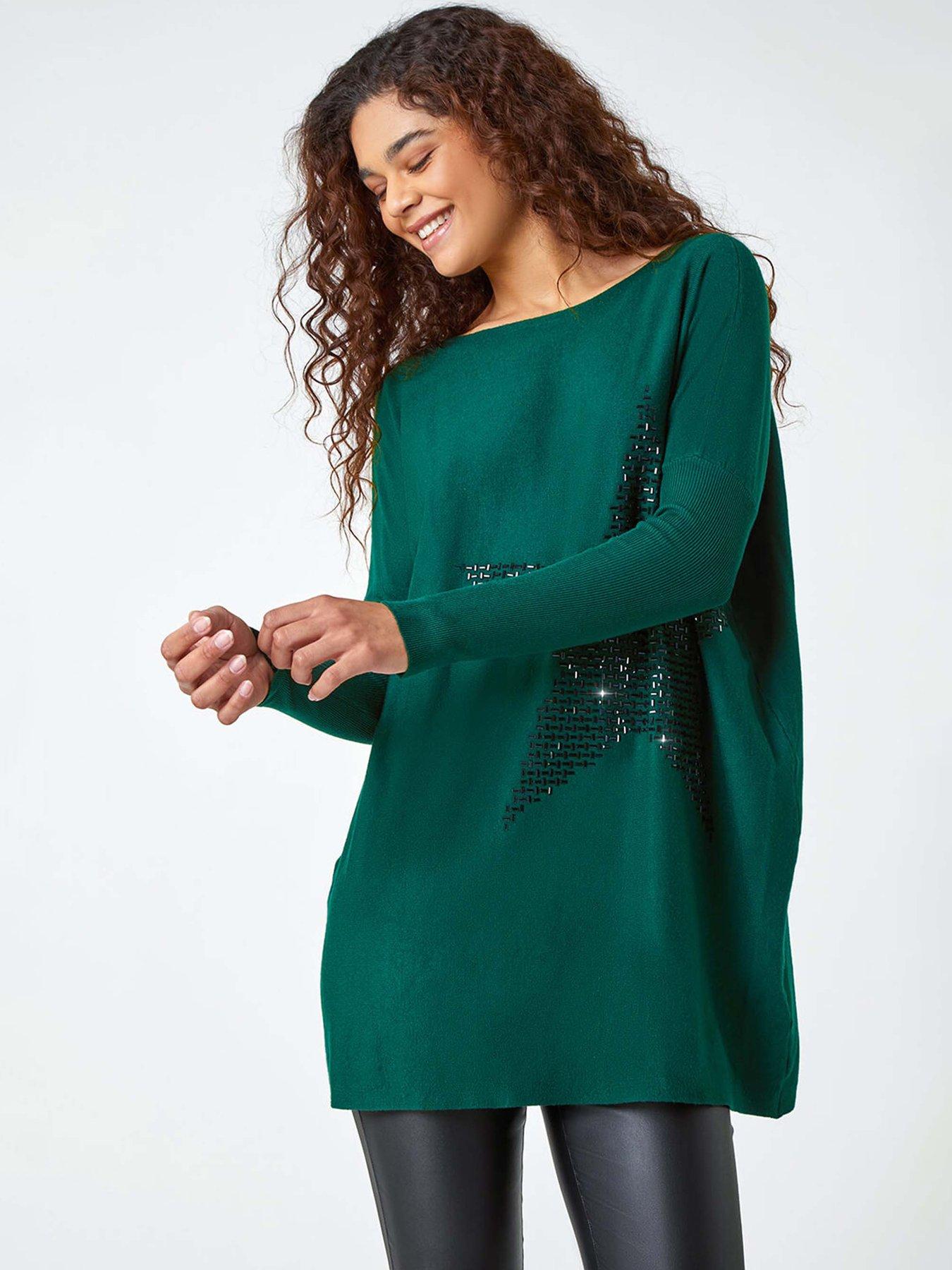 roman-embellished-star-print-longline-jumper-emeraldfront