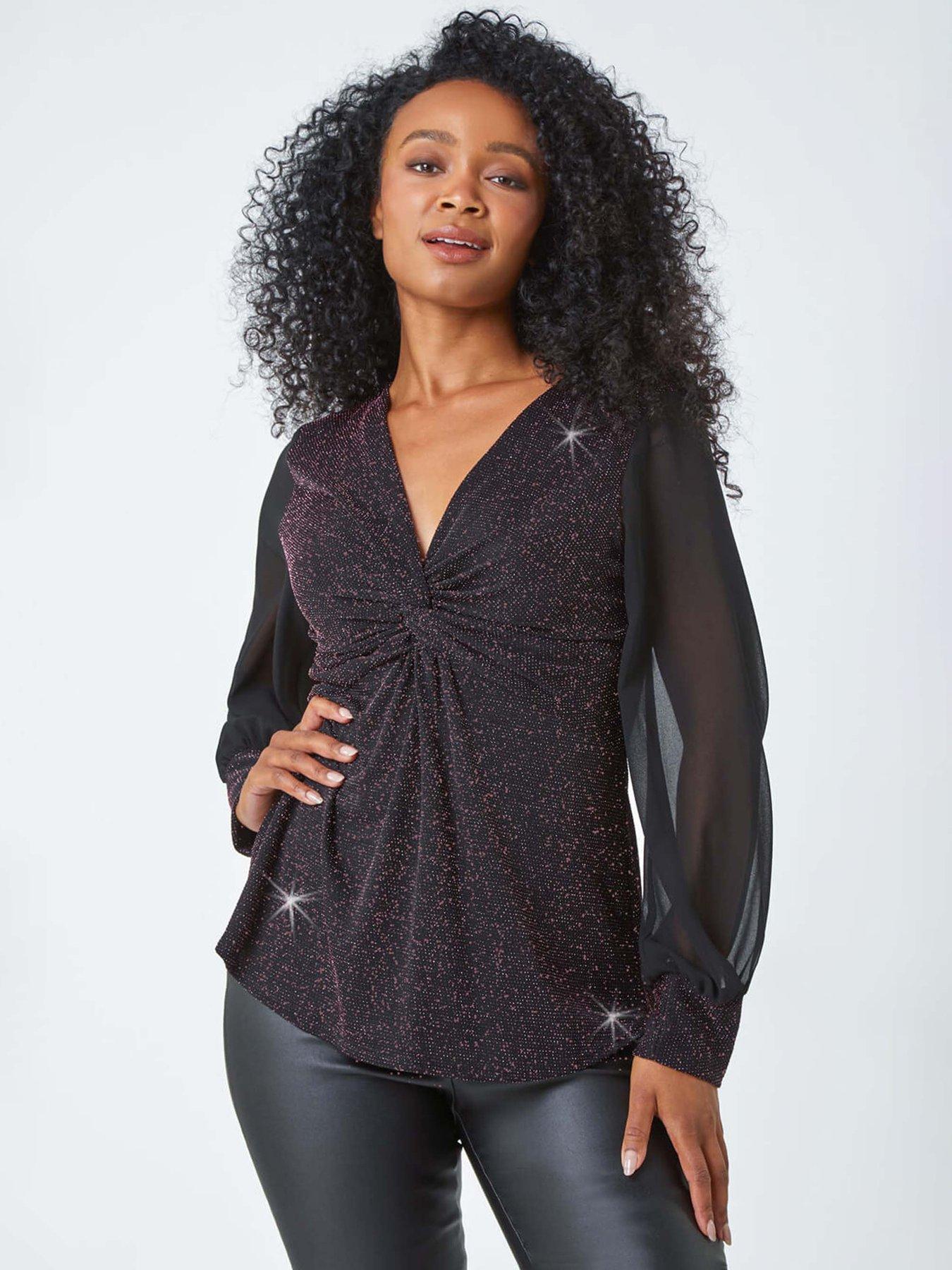 Roman Petite Twist Front Chiffon Sleeve Stretch Top - Pink