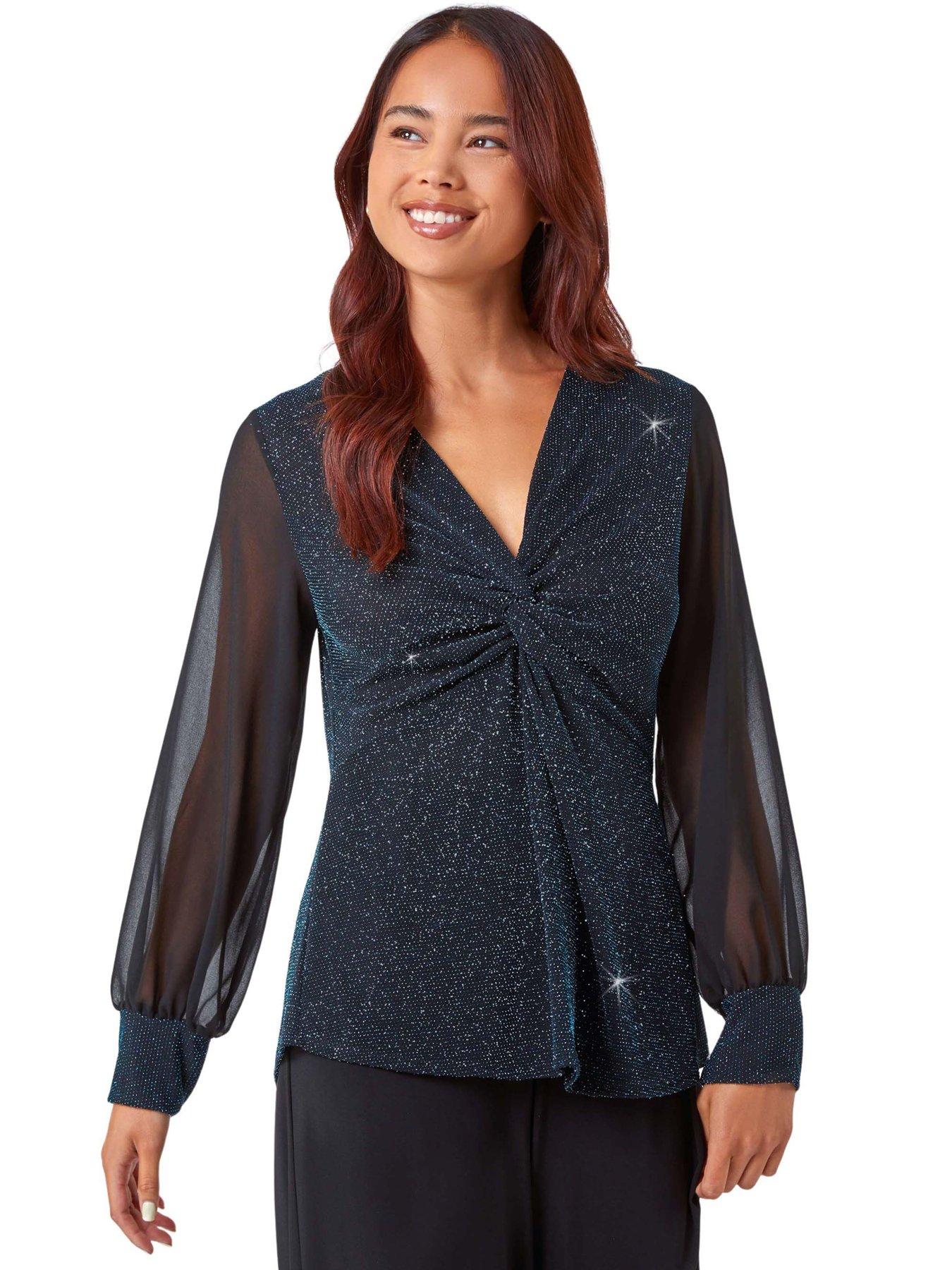 roman-petite-twist-front-chiffon-sleeve-stretch-top-teal