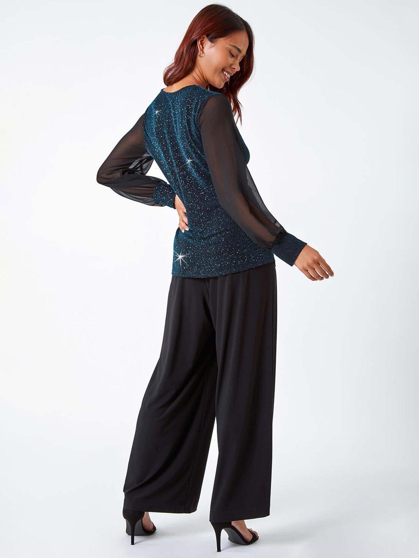 roman-petite-twist-front-chiffon-sleeve-stretch-top-tealstillFront