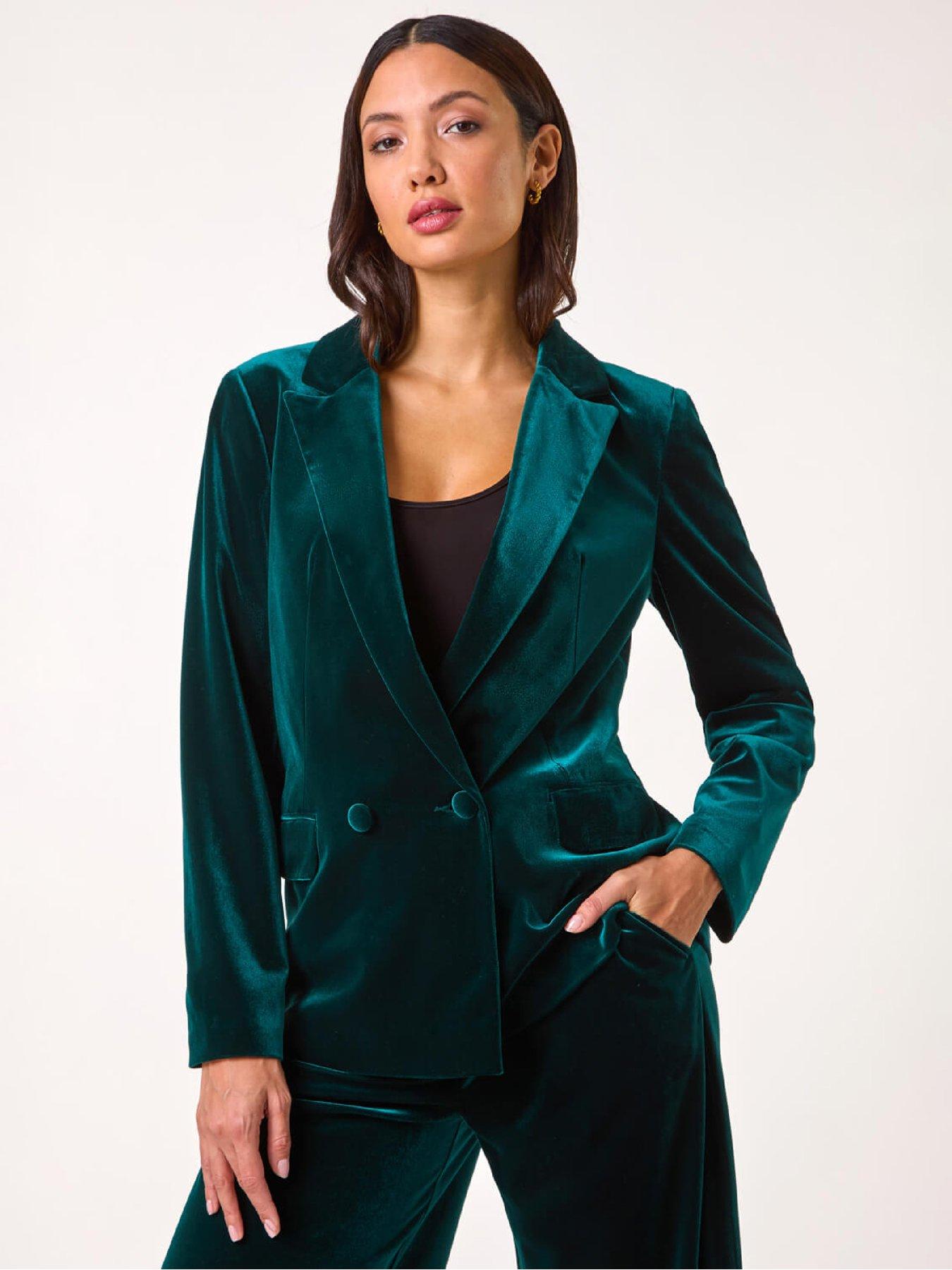 Image 1 of 5 of Roman Velvet Double Breasted Blazer - Green