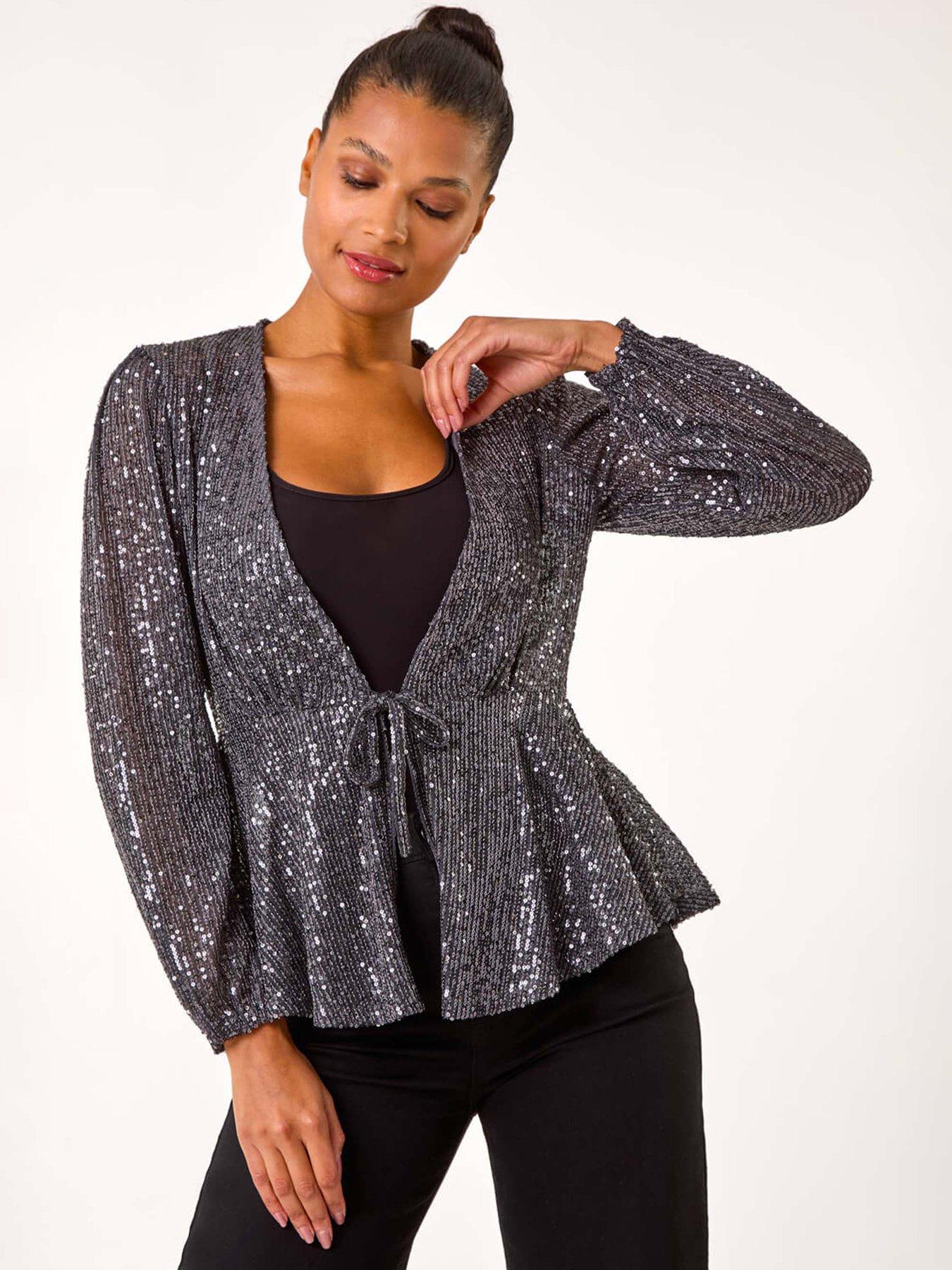 roman-sequin-tie-front-stretch-top-grey