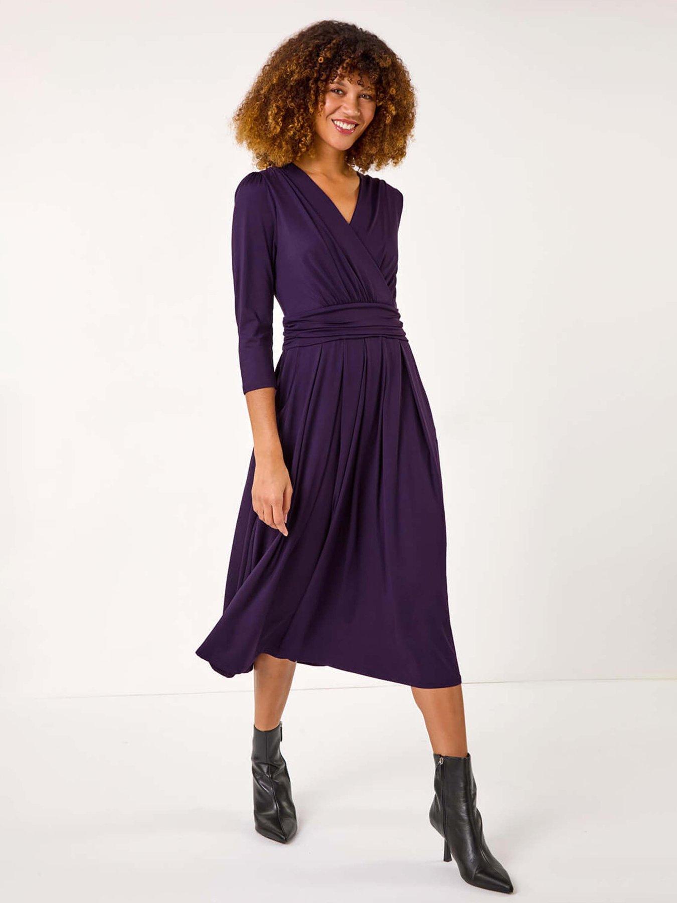 roman-mock-wrap-v-neck-stretch-midi-dress-purple