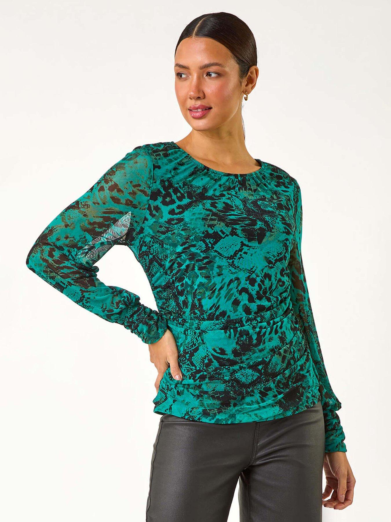 Roman Mesh Print Detail Stretch Top - Green