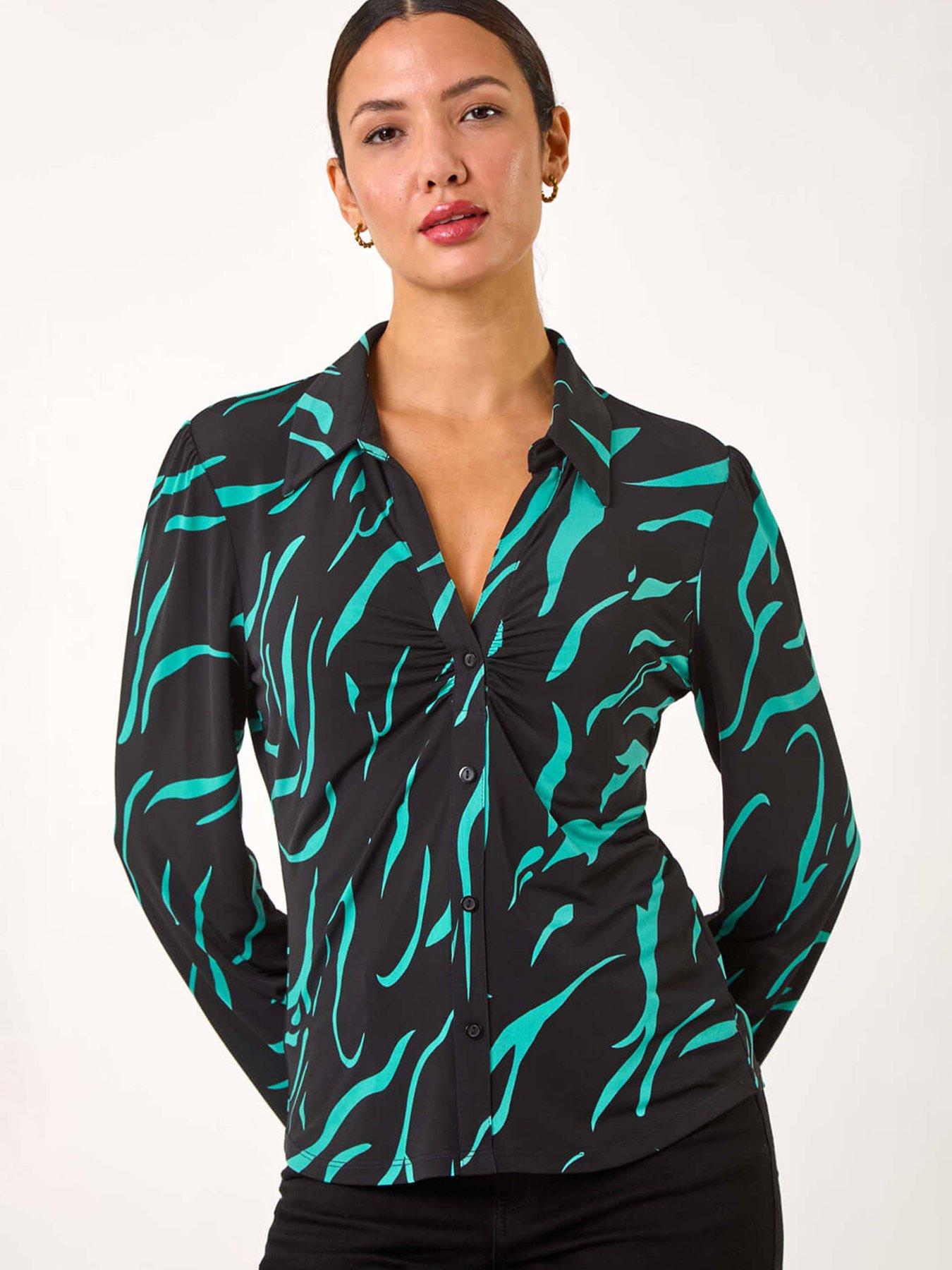 roman-abstract-linear-print-stretch-blouse-tealfront