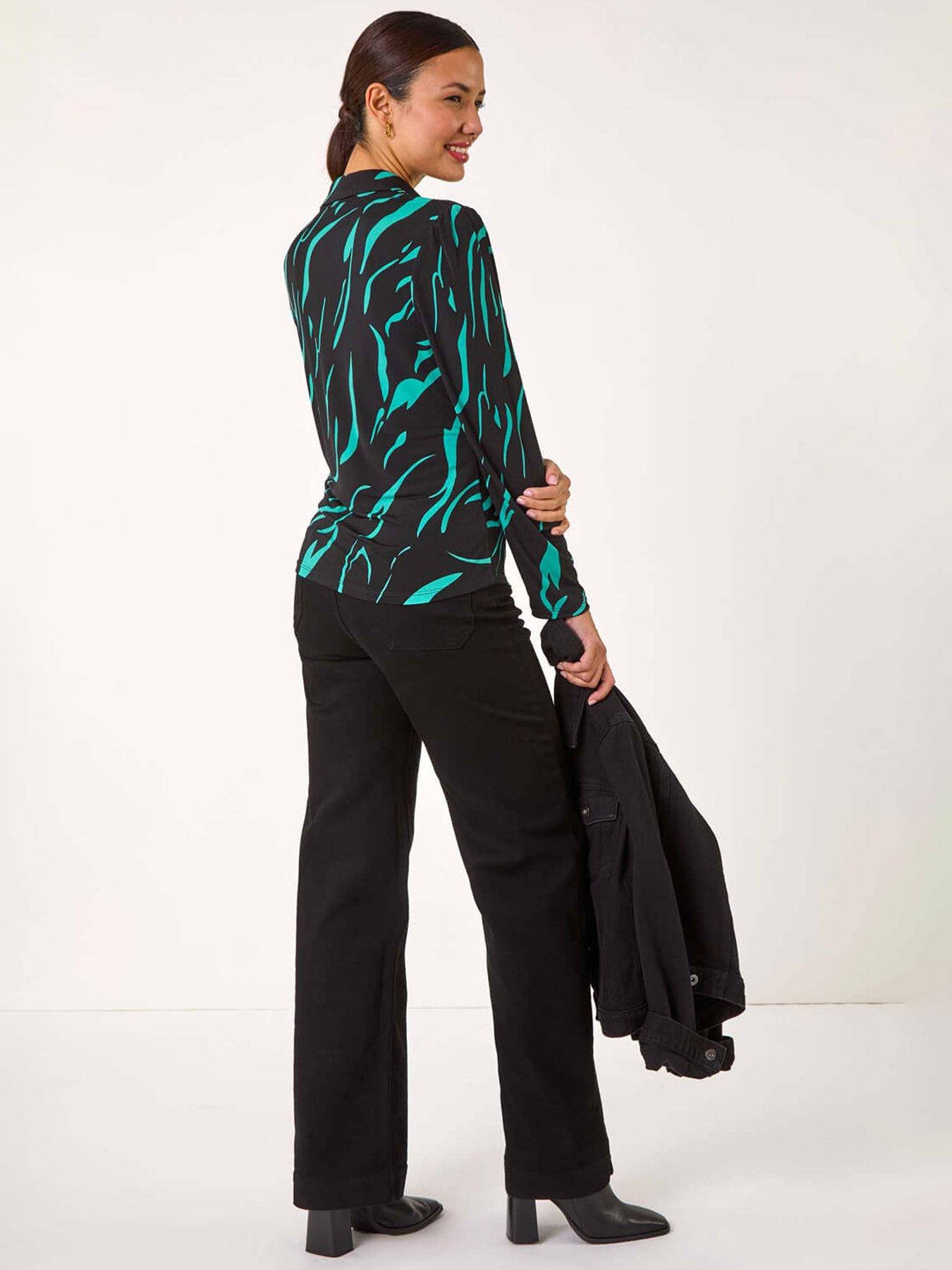 roman-abstract-linear-print-stretch-blouse-tealstillFront