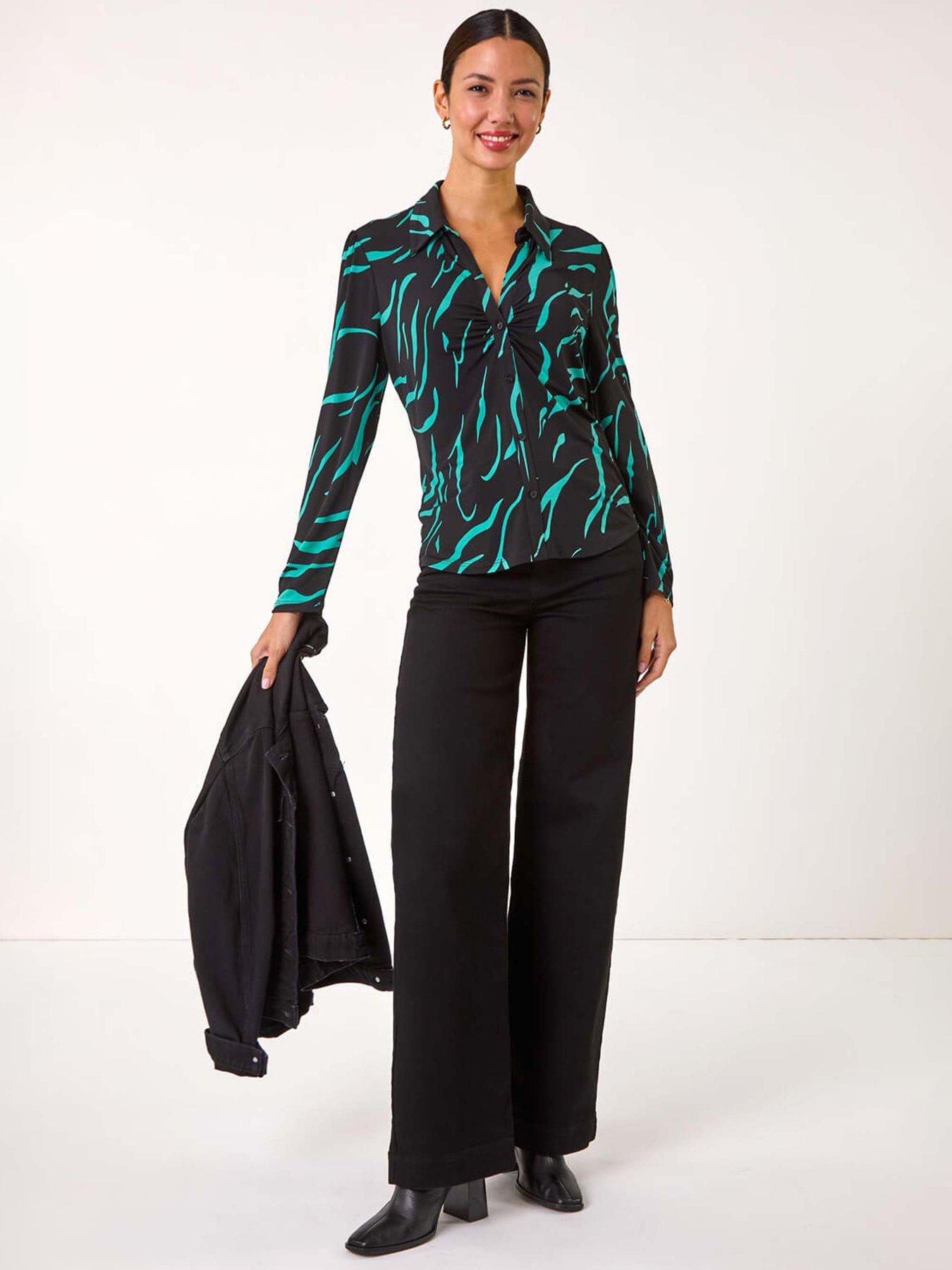 roman-abstract-linear-print-stretch-blouse-tealback