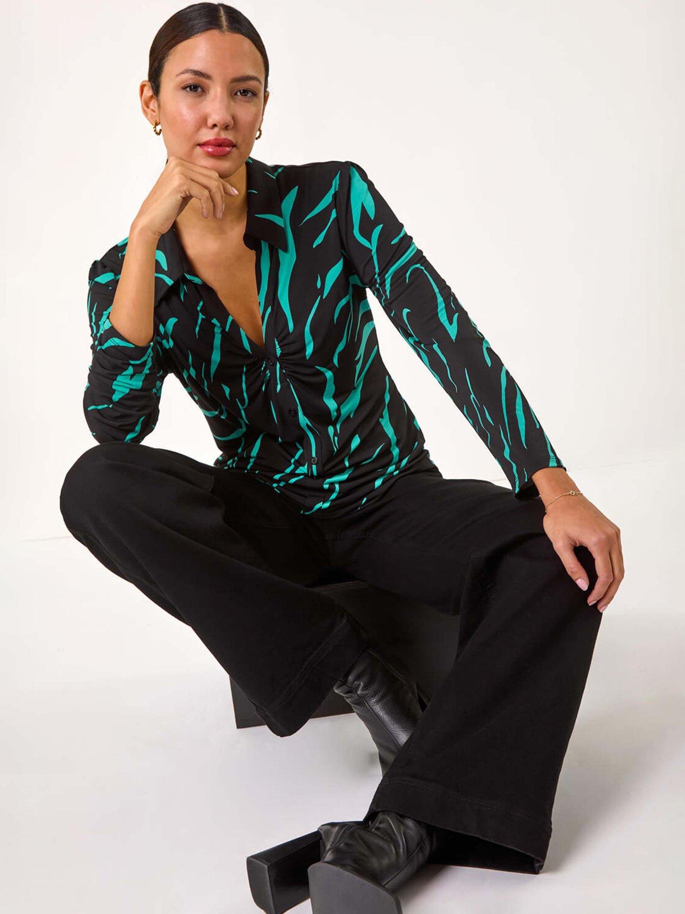roman-abstract-linear-print-stretch-blouse-tealoutfit