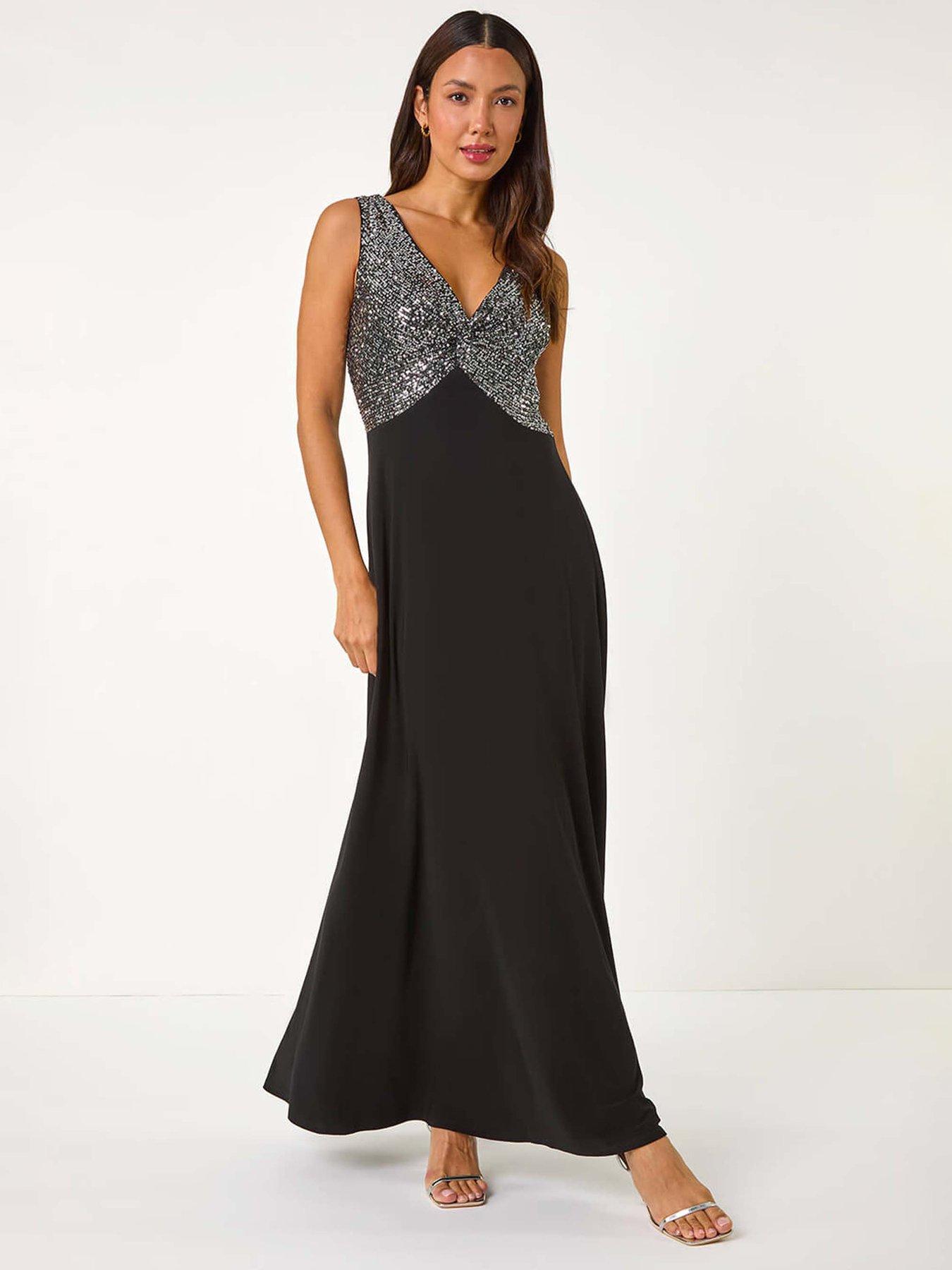 Image 1 of 5 of Roman Contrast Sequin Bodice Maxi Dress - Silver
