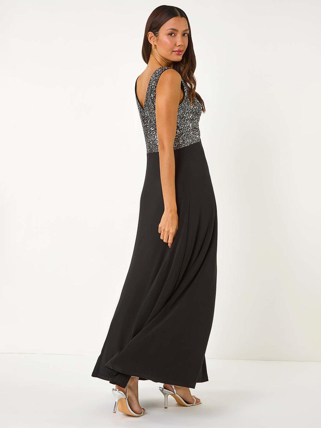 Image 2 of 5 of Roman Contrast Sequin Bodice Maxi Dress - Silver