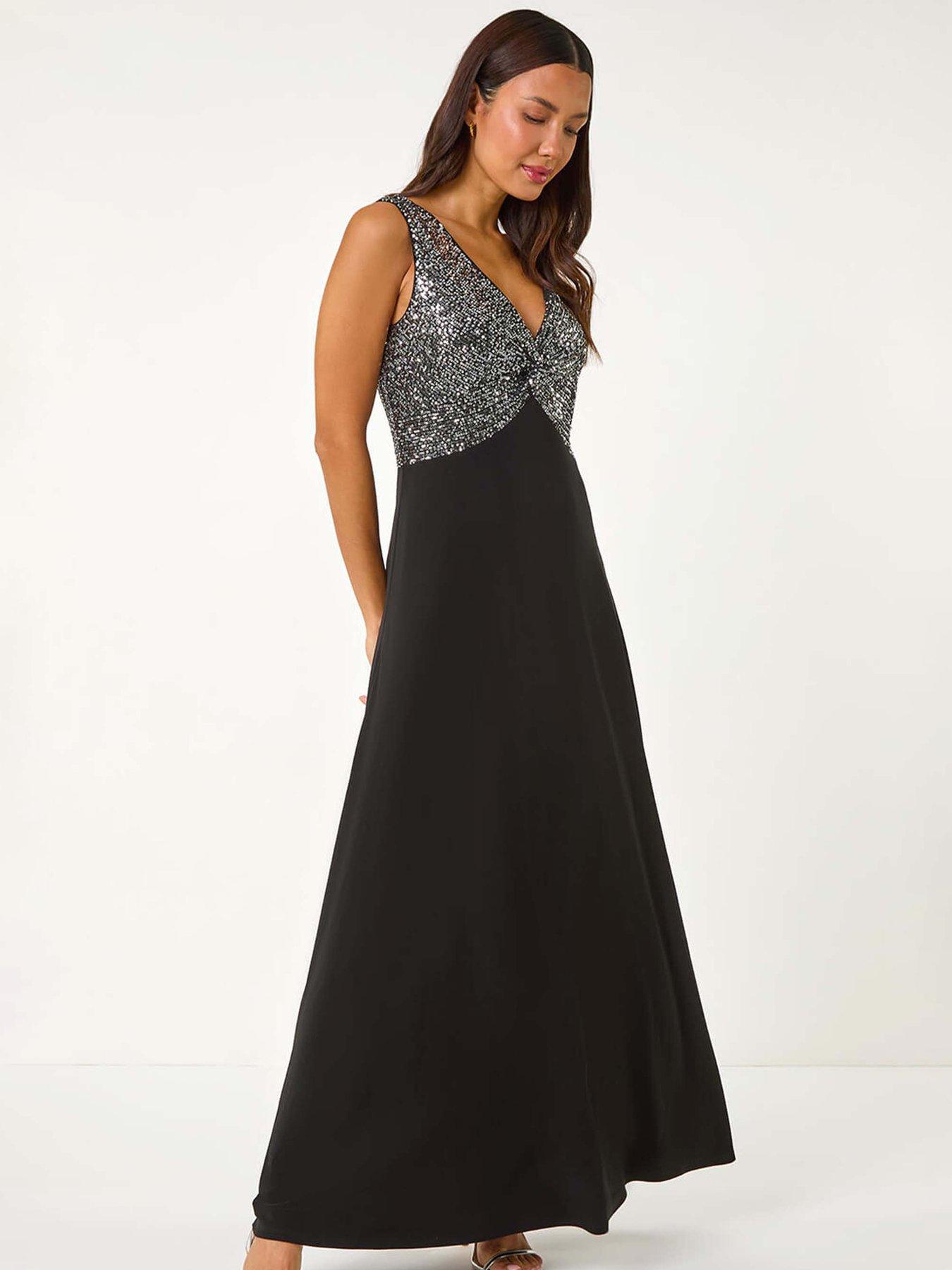 Image 3 of 5 of Roman Contrast Sequin Bodice Maxi Dress - Silver