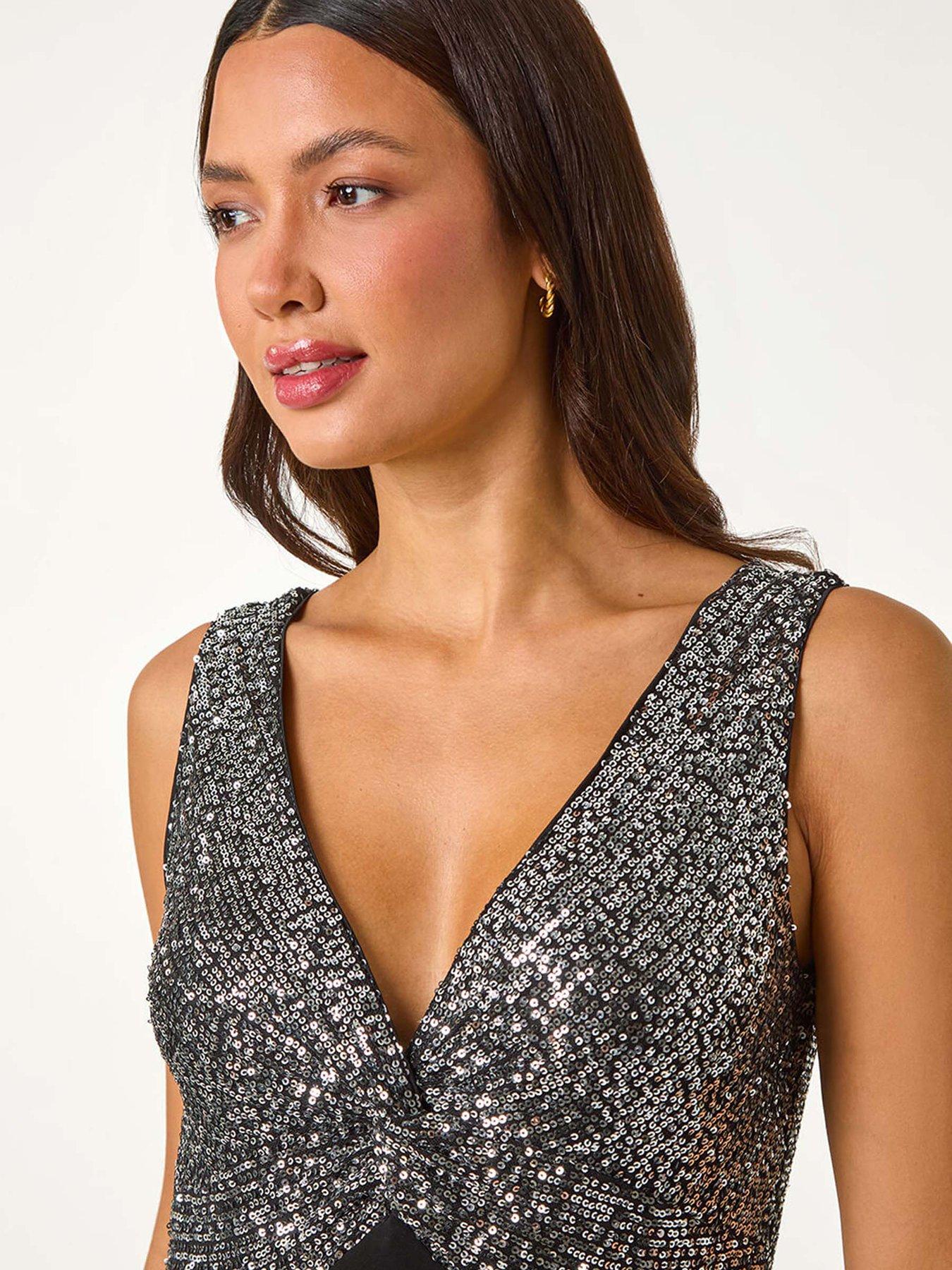 Image 4 of 5 of Roman Contrast Sequin Bodice Maxi Dress - Silver