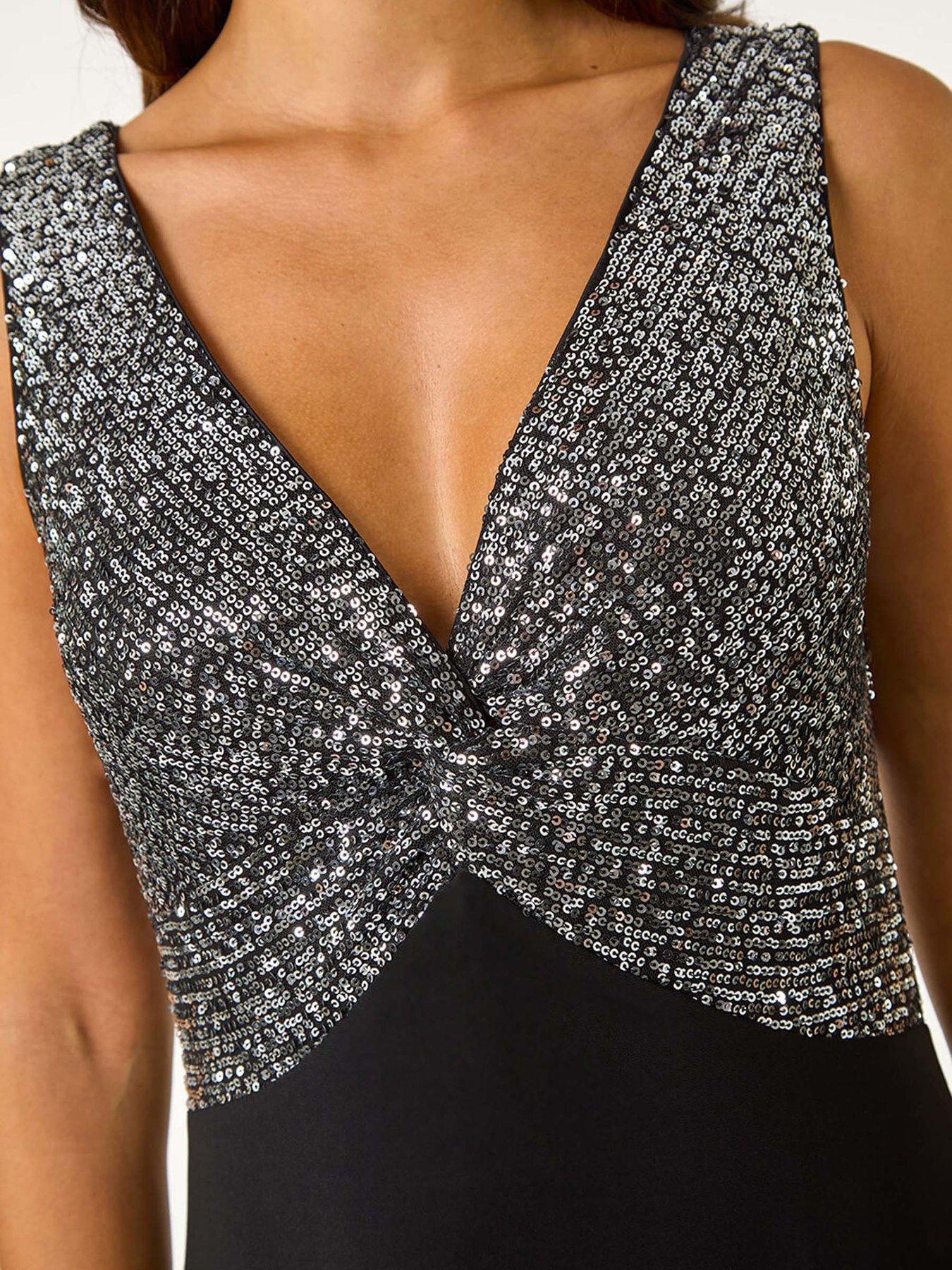 Image 5 of 5 of Roman Contrast Sequin Bodice Maxi Dress - Silver