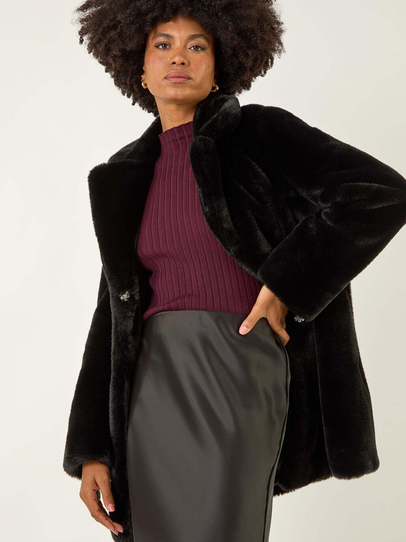 Roman Faux Fur Longline Coat - Black