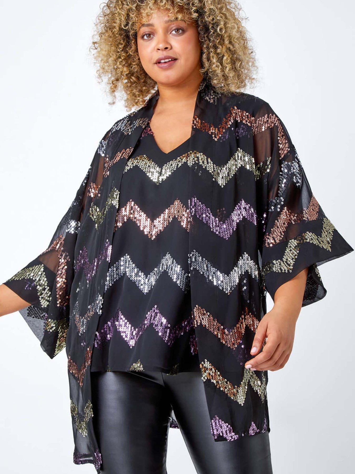 roman-curve-34-sleeve-sequin-zig-zag-kimono-black