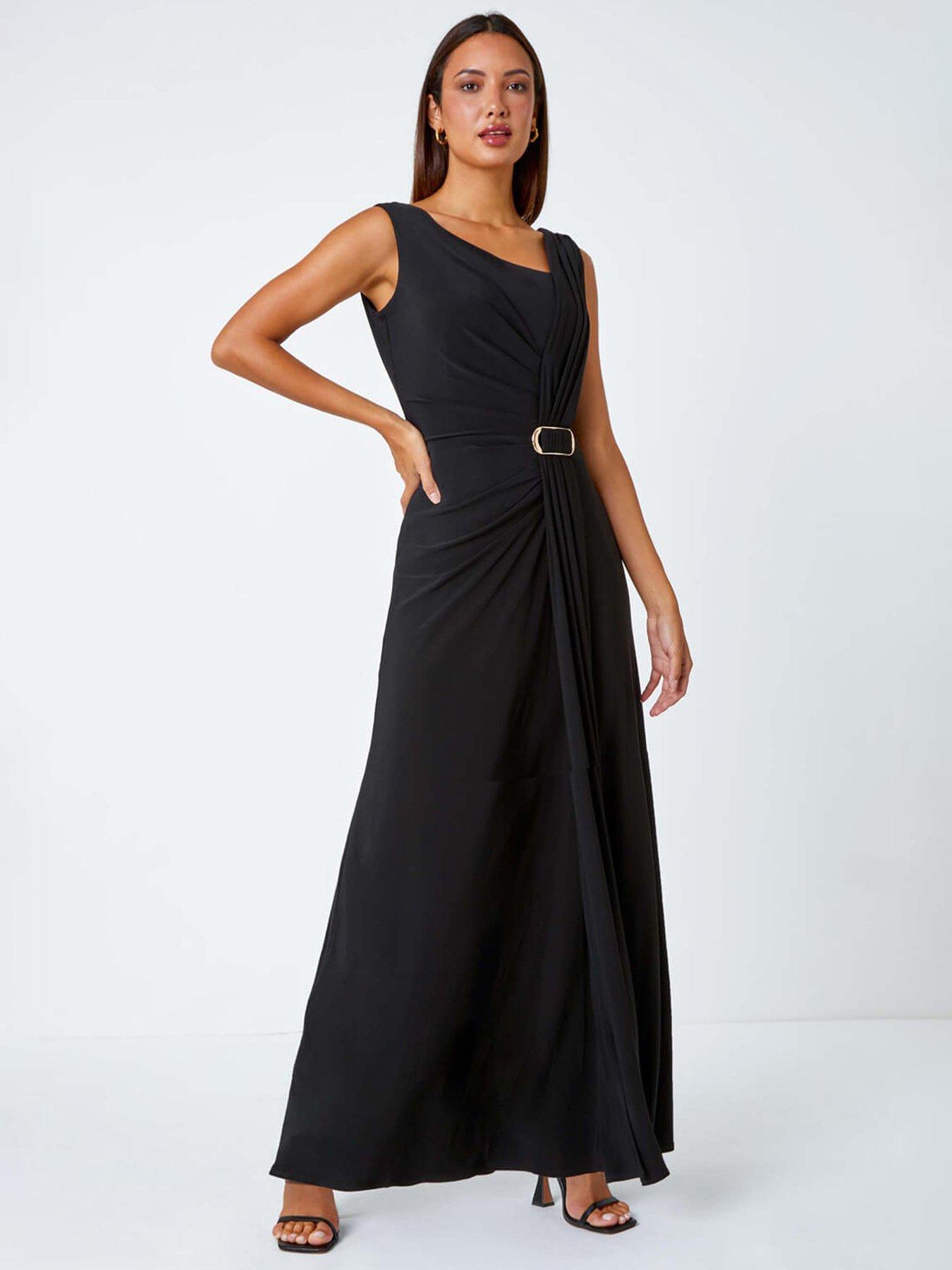 Roman Draped Buckle Detail Maxi Dress - Black