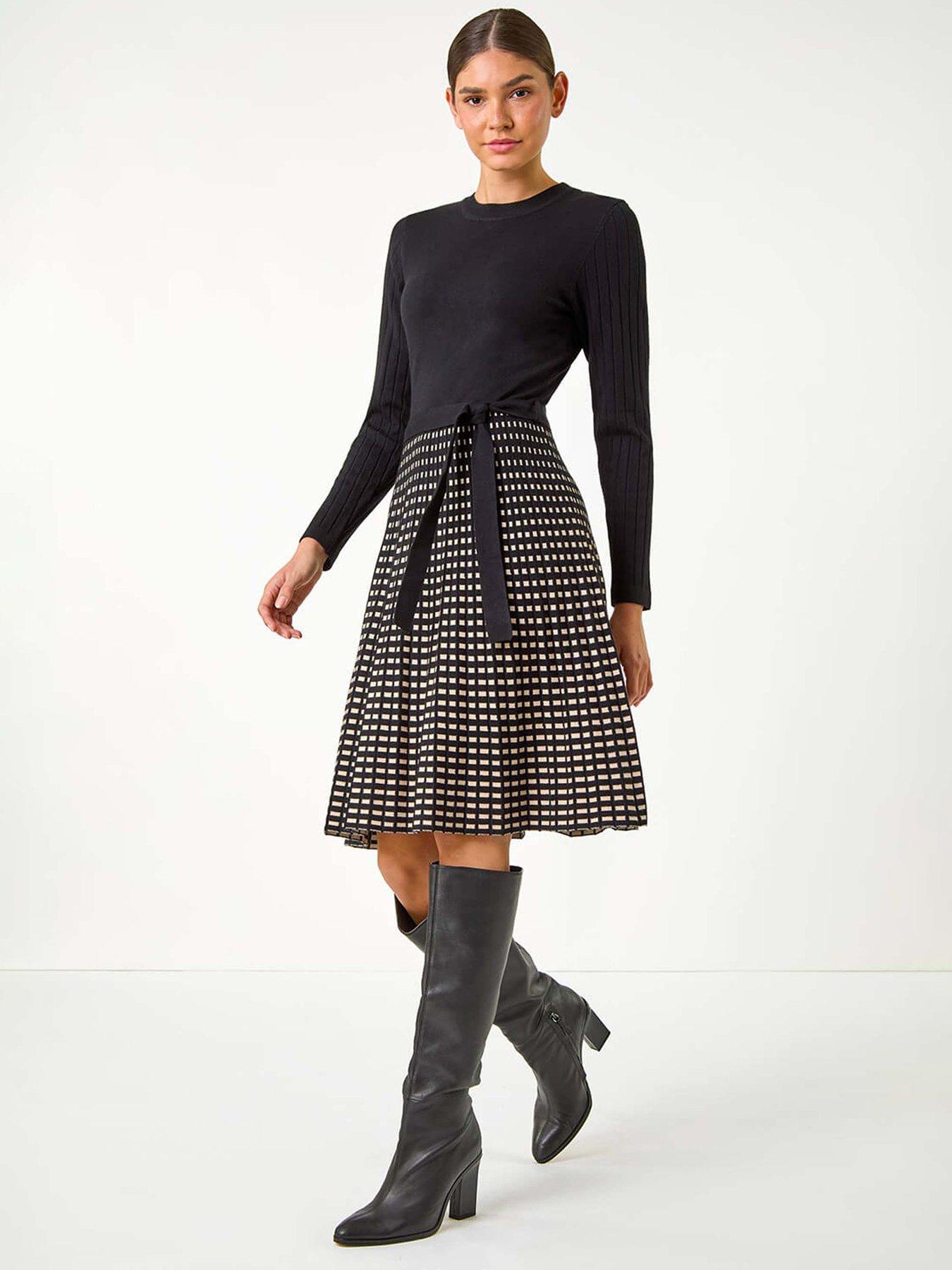 Roman Check Print Belted Jumper Dress - Black