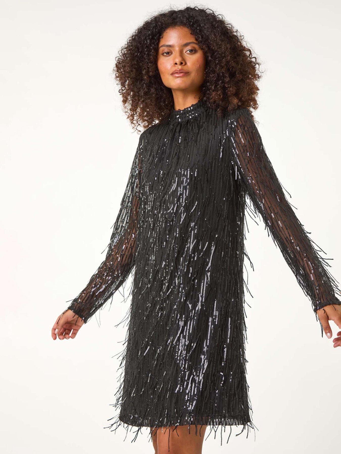 roman-dusk-all-over-fringe-shift-dress-black