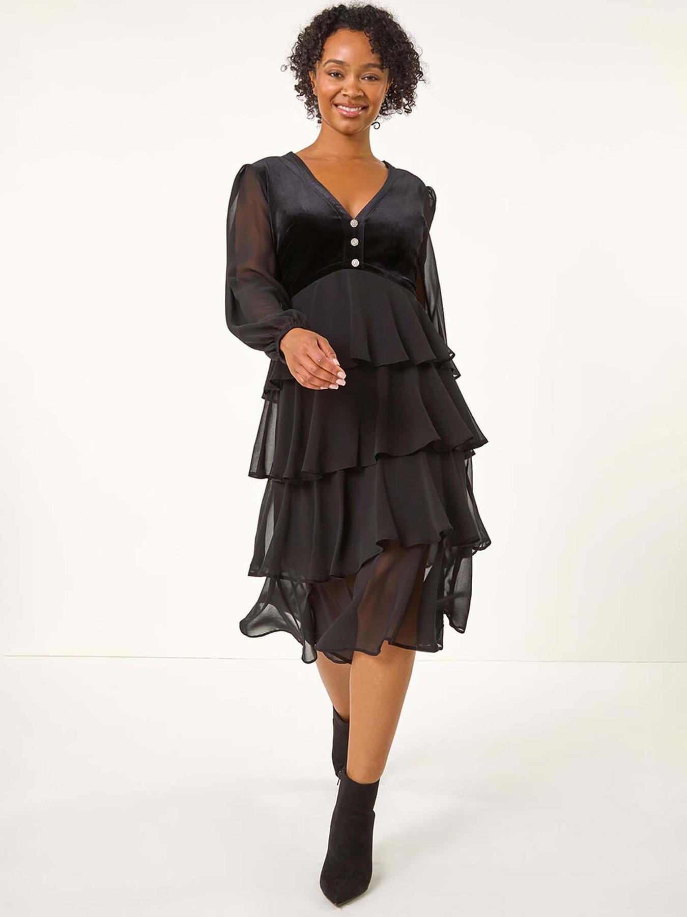 Roman Petite Velvet Tiered Midi Stretch Dress - Black