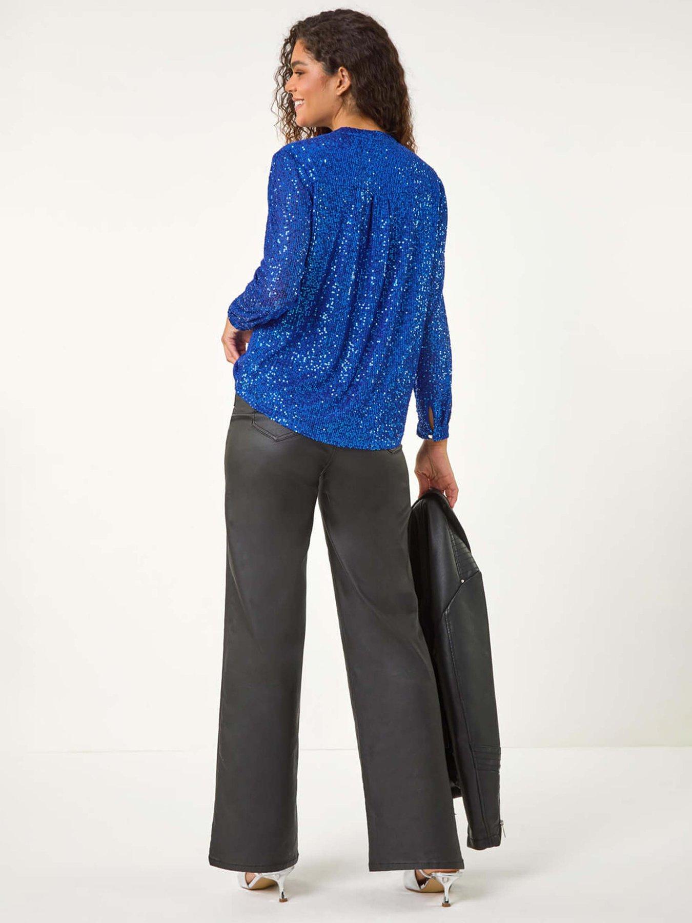 roman-embellished-sequin-stretch-blouse-royal-bluestillFront