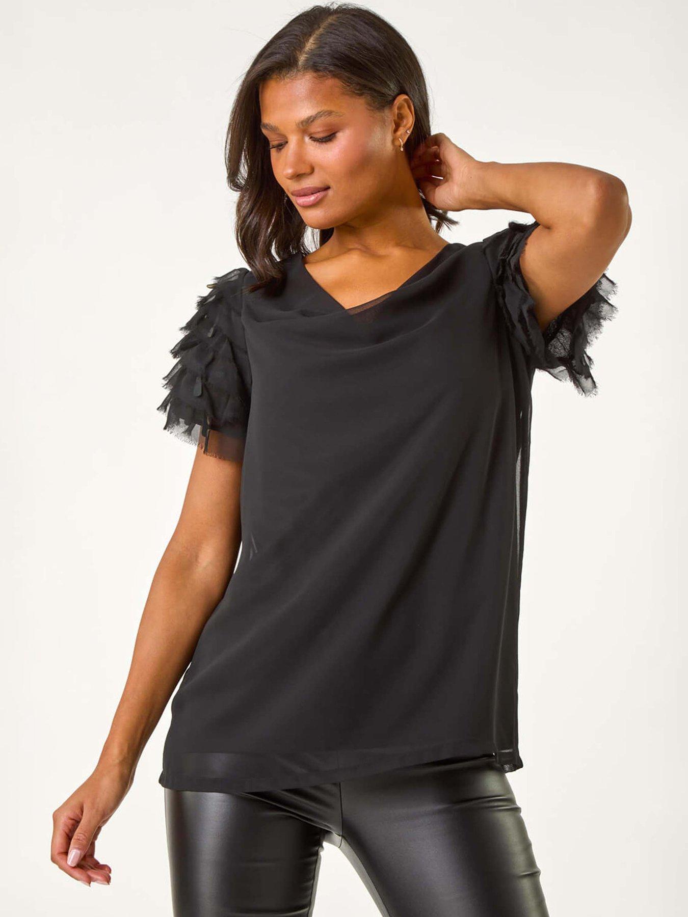 roman-cowl-neck-shoulder-sequin-frill-top-black