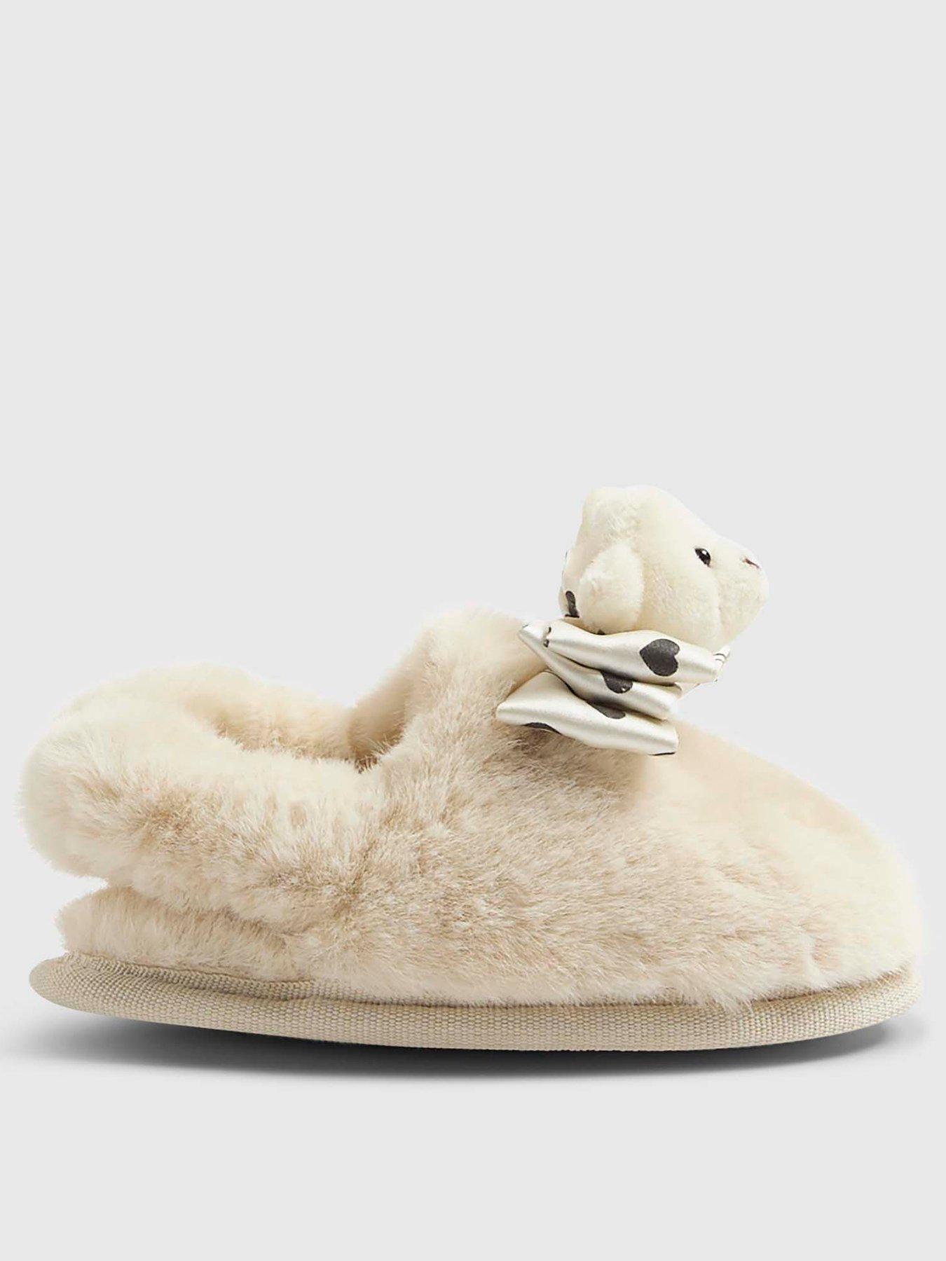 river-island-mini-mini-girls-bear-bow-slippers-cream