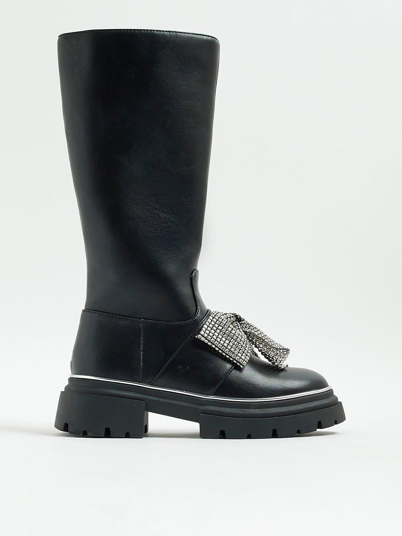 River Island Older Girls Diamante Bow Knee High Boots - Black