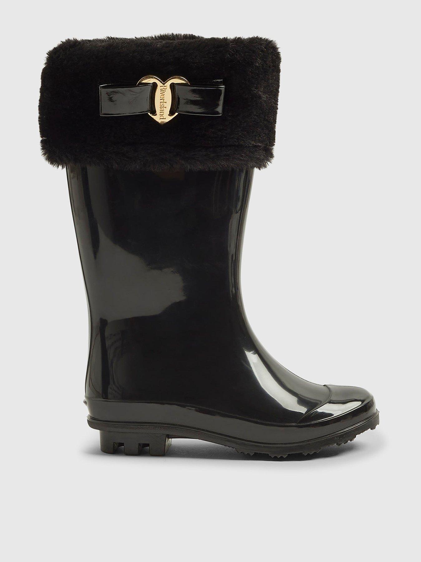 River Island Older Girls Heart Fur Lined Wellies - Black