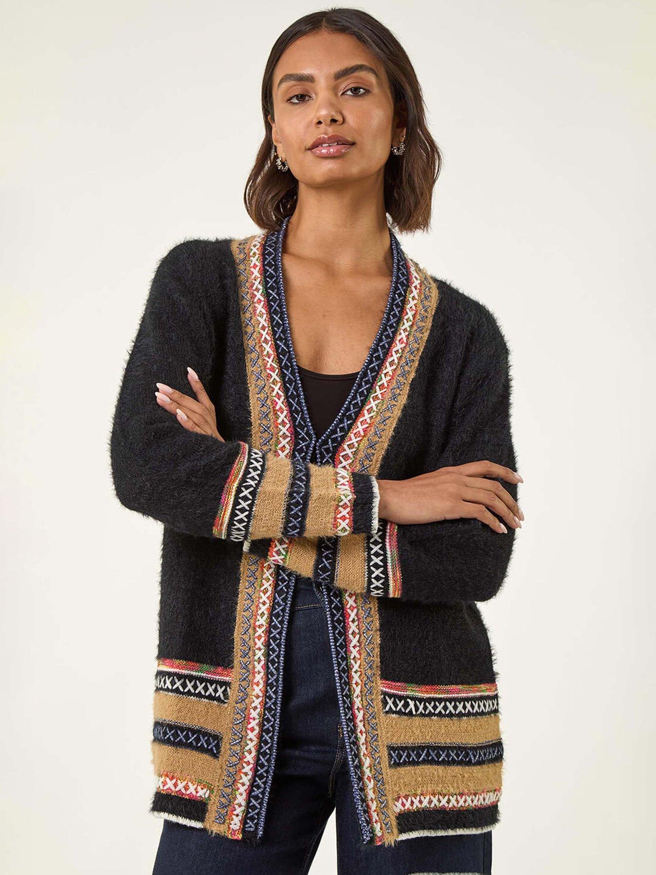 Roman Cross Stitch Detail Knit Cardigan - Black