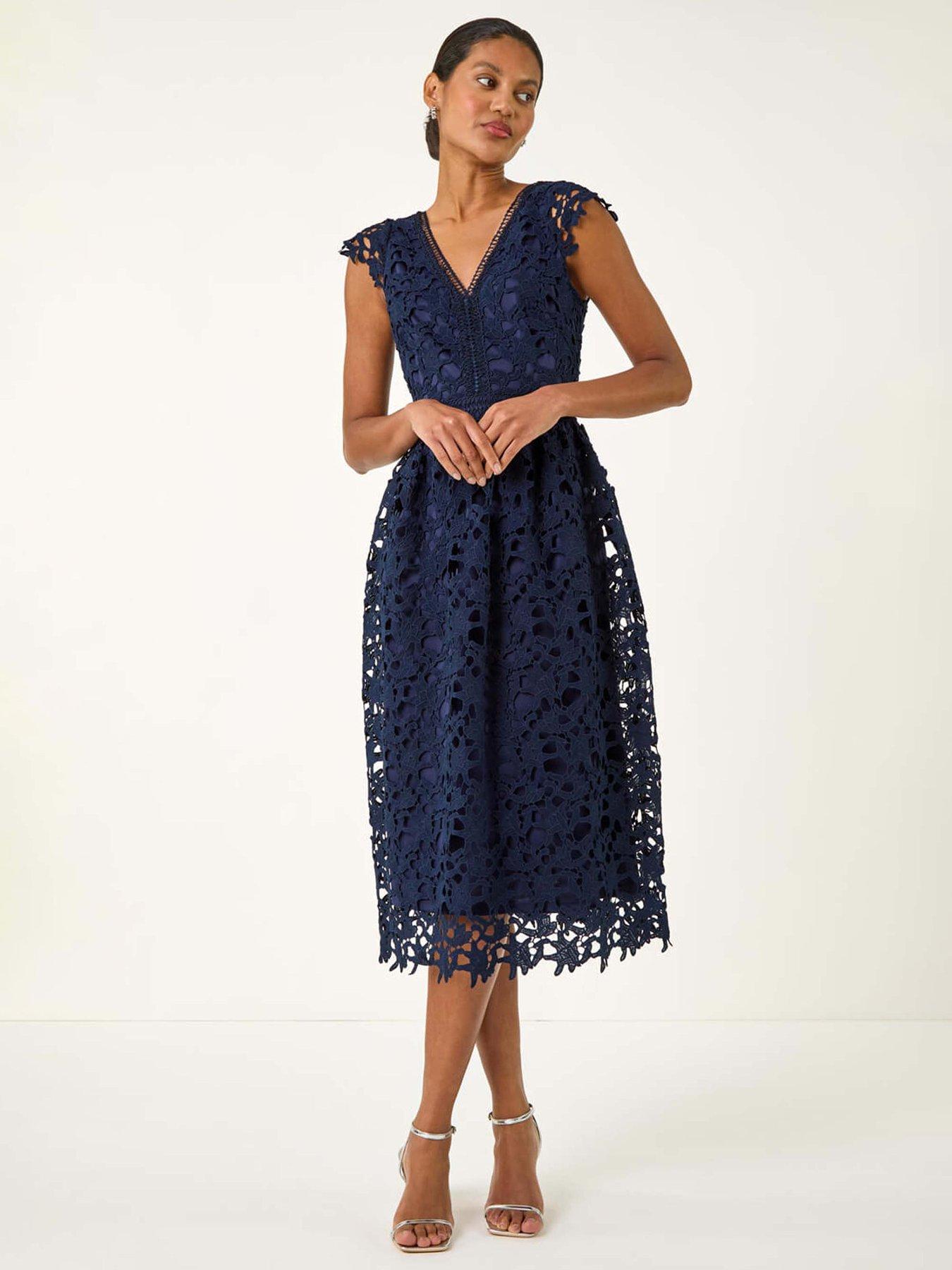 Roman Premium Crochet Lace Midi Dress - Navy