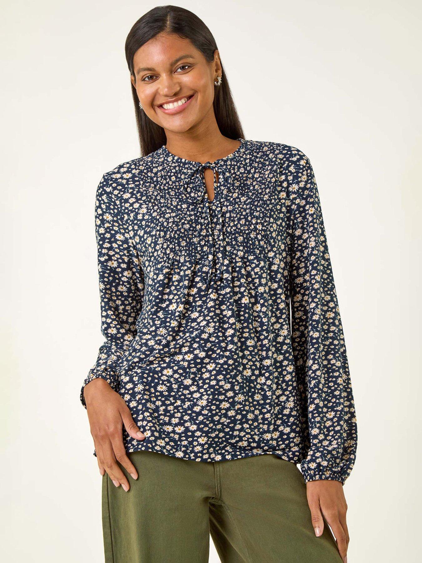 Roman Printed Shirred Tie Neck Top - Navy