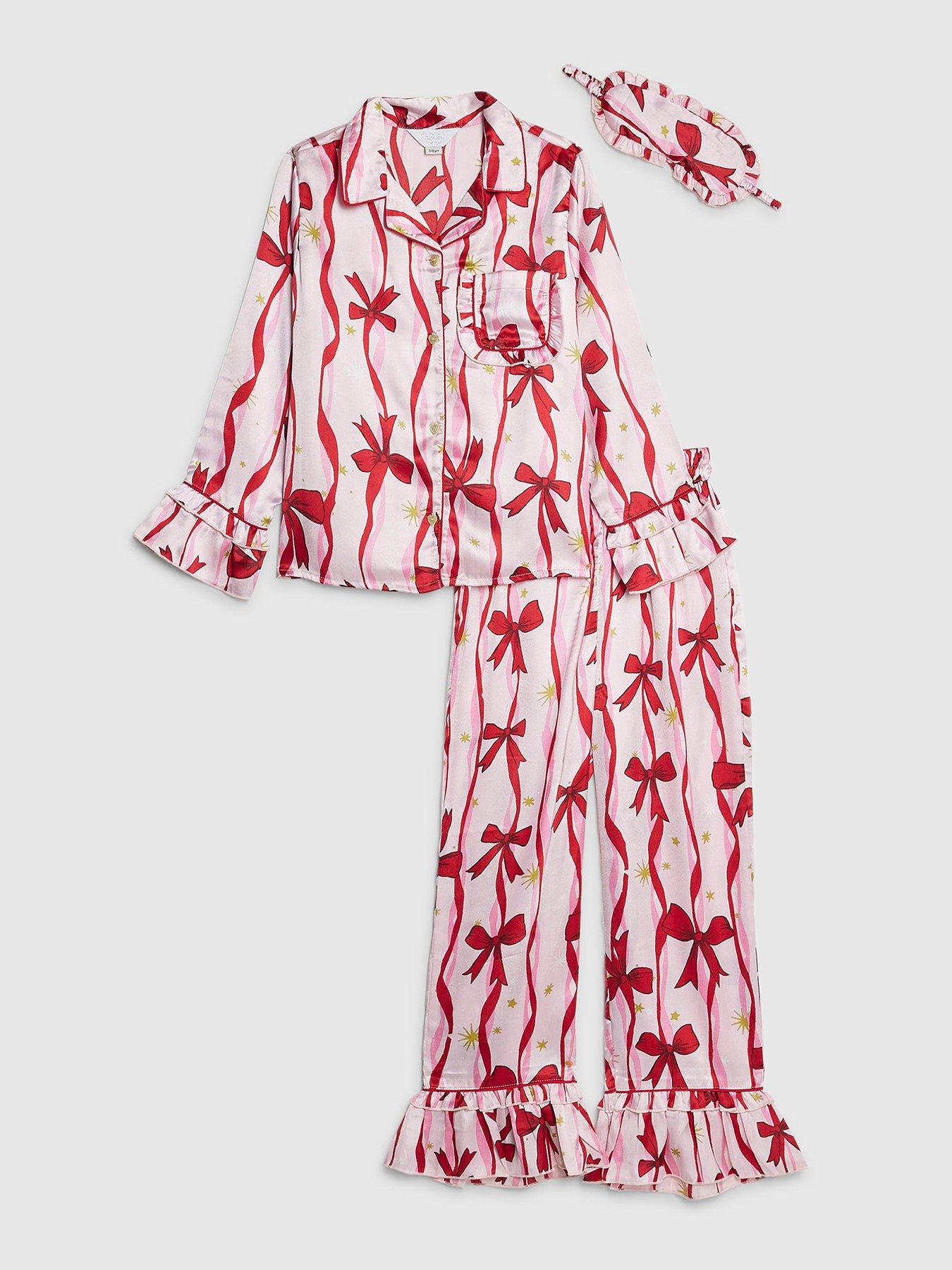 River Island Older Girls Bow Print Satin Pyjamas Set With Scrunchie - Light Pink