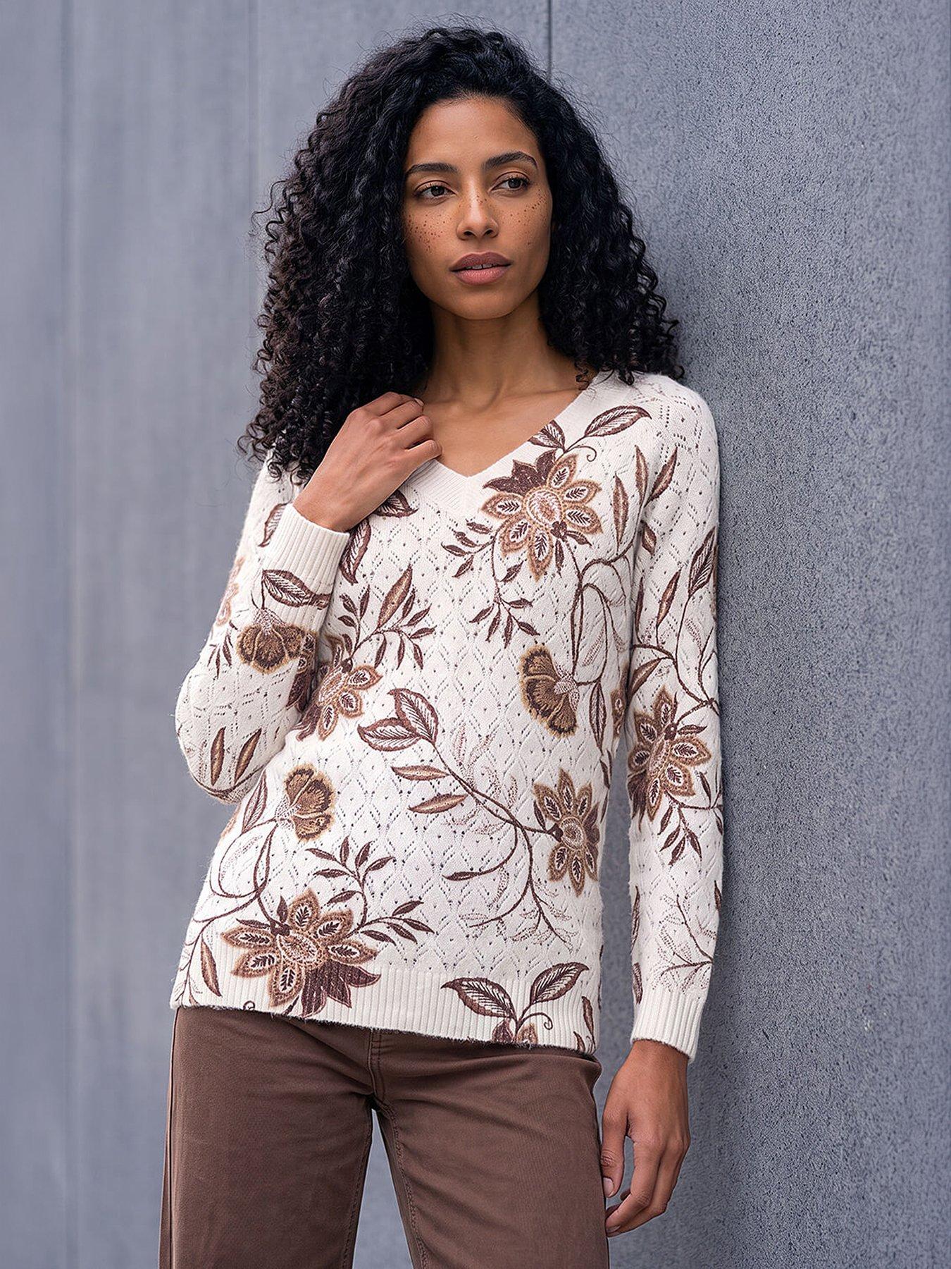 Roman Floral Print V-neck Knit Jumper - Ivory