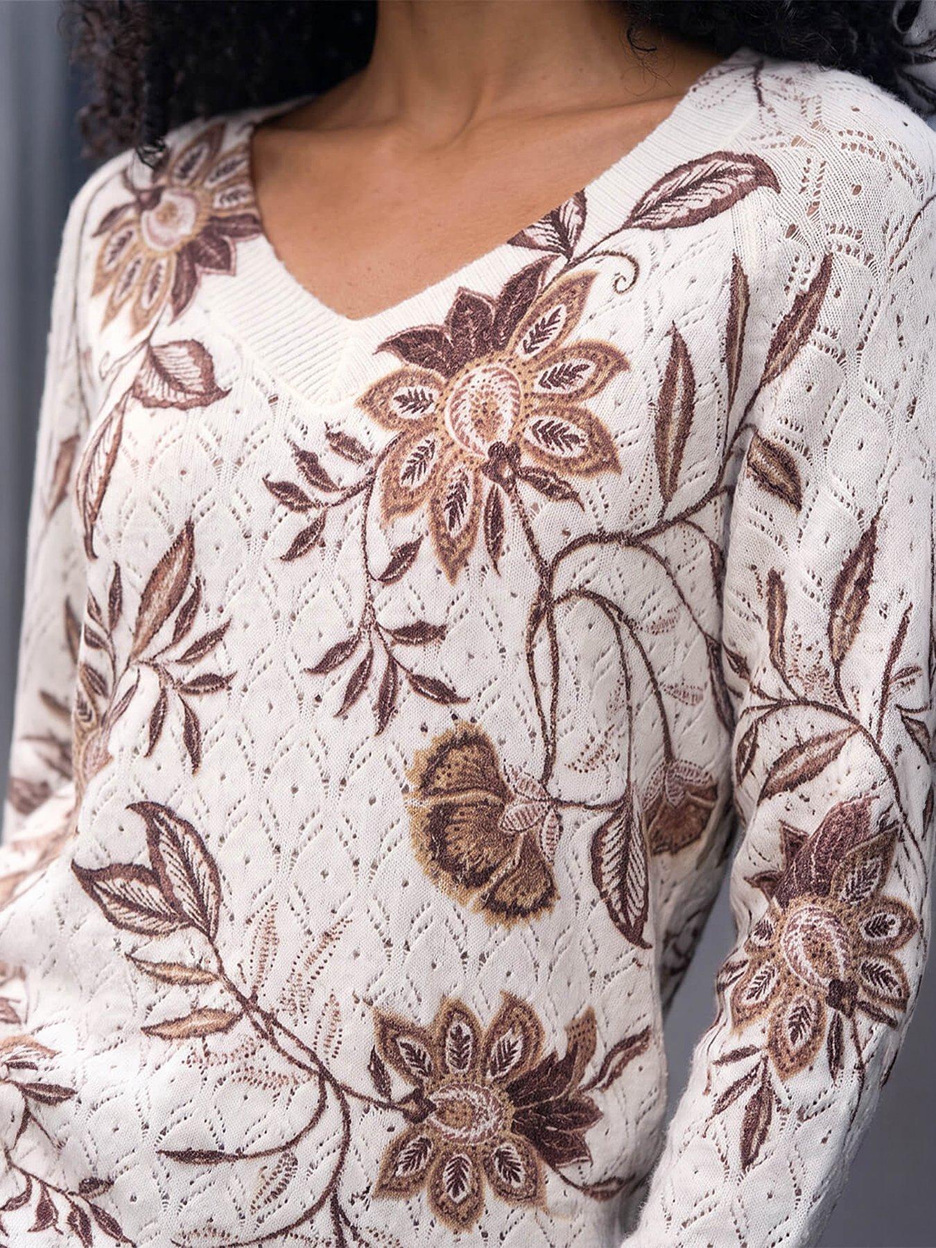 Image 2 of 4 of Roman Floral Print V-neck Knit Jumper - Ivory